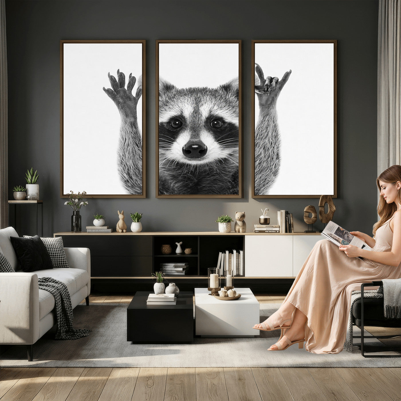 82392228-MGV-CV-36X24 - Funny Raccoon Canvas Wall Art, Black White Hands Up Animal Photo Print, Humorous Wildlife Decor, Kids Room Nursery Art, Quirky Animal Gift