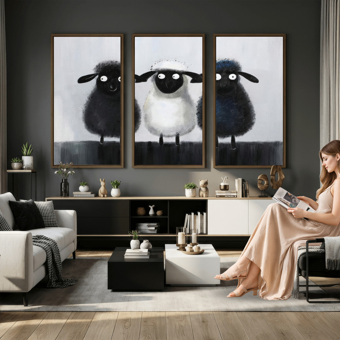 45650028-MGV-CV-36X24 - Funny Sheep Canvas Wall Art, Three Quirky Sheep Painting Print, Cute Animal Nursery Decor, Black White Navy Farmhouse Art, Kids Room Gift