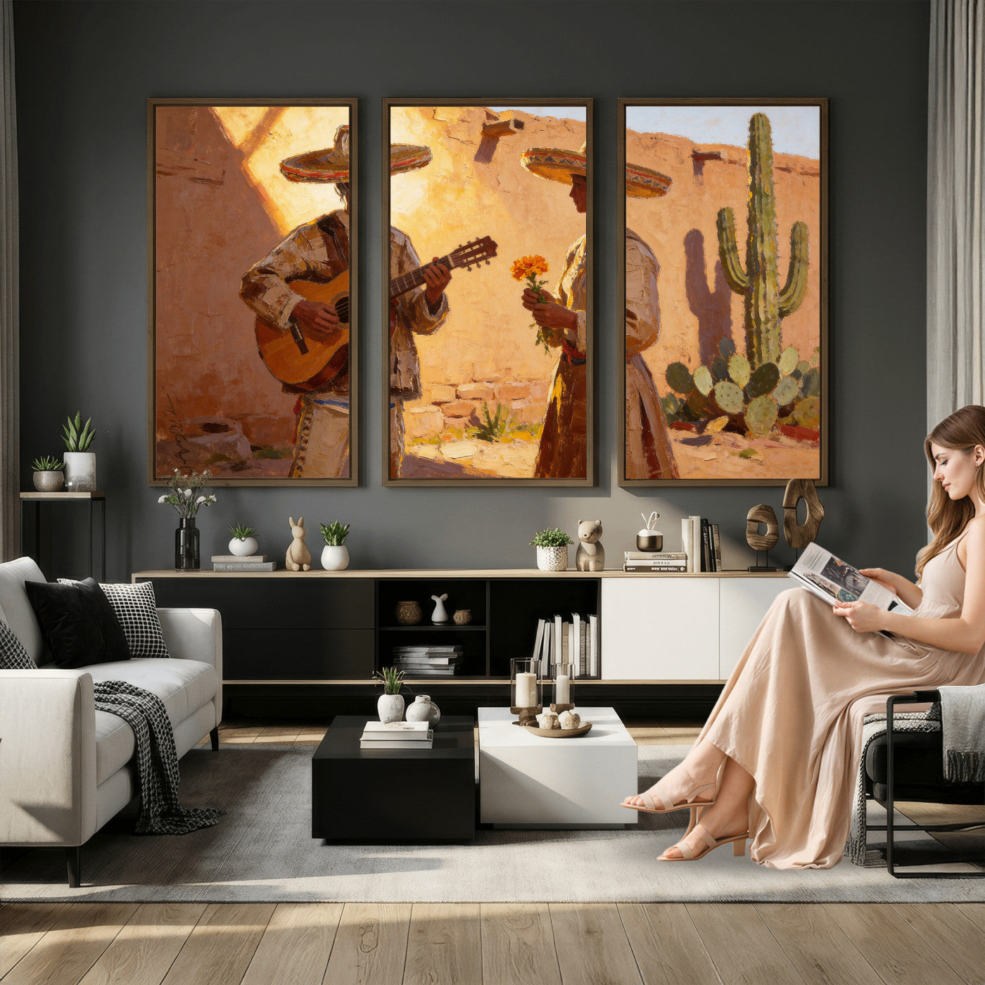 41849005-MGV-CV-36X24 - Mexican Couple Canvas Wall Art, Romantic Serenade Guitar Painting Print, Southwestern Desert Adobe Decor, Warm Golden Folk Art, Living Room Art