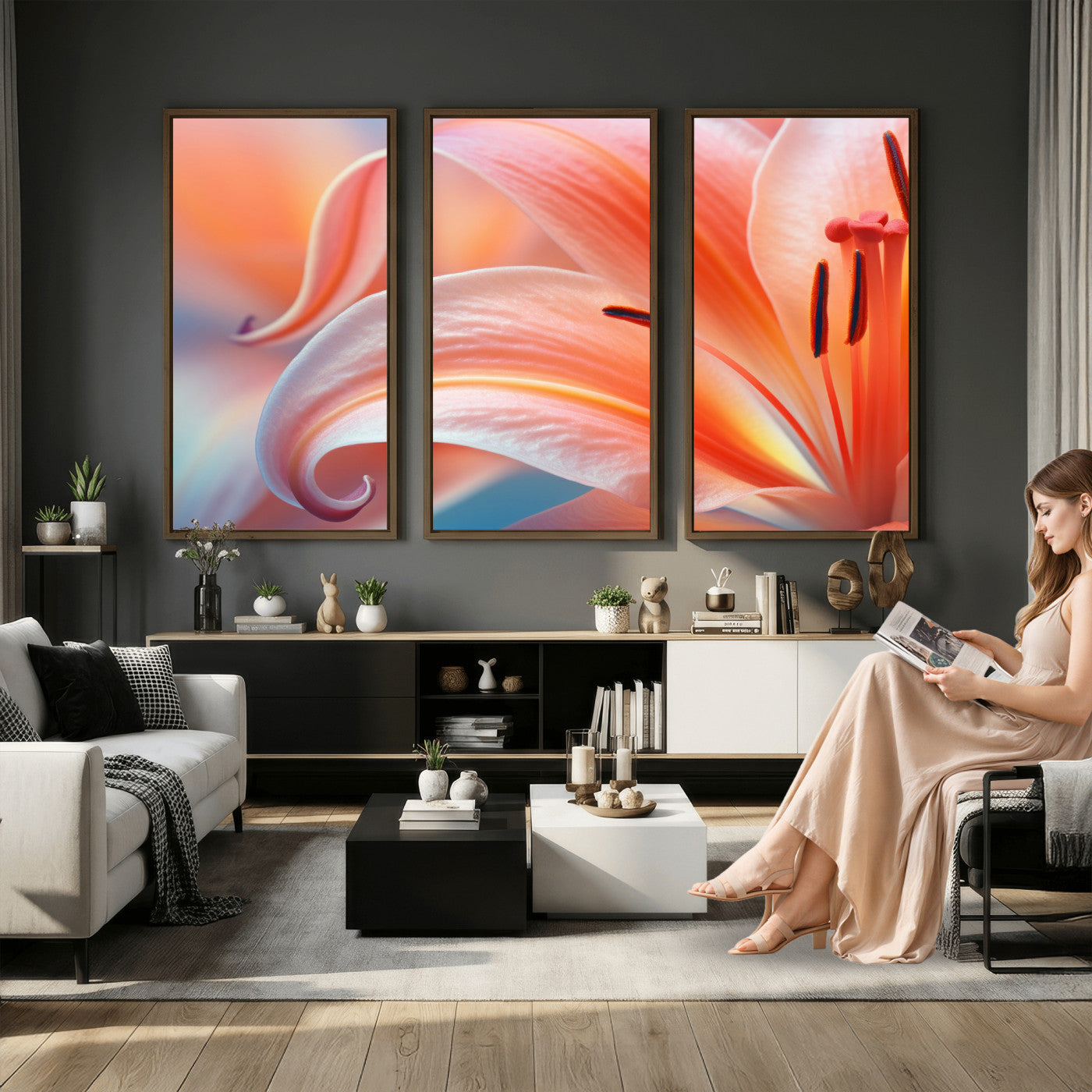 69566231-MGV-CV-36X24 - Peach Lily Canvas Wall Art, Coral Pink Flower Macro Photo Print, Botanical Bedroom Decor, Soft Floral Photography, Living Room Wall Art