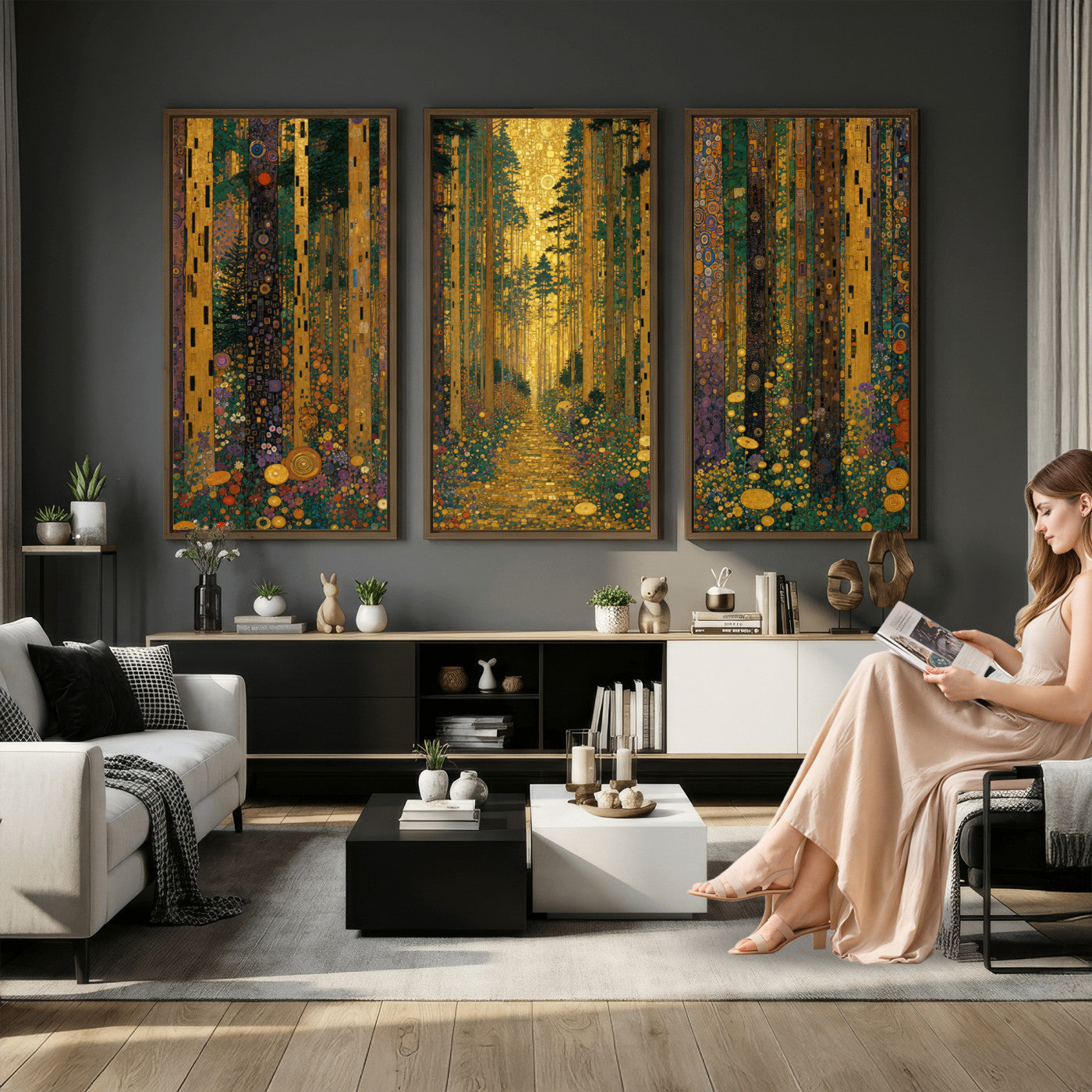 79483321G-MGV-CV-48X32-3P - Gustav Klimt Style Forest Canvas Wall Art, Golden Forest Path Floral Art Nouveau Print, Enchanted Woodland Decor