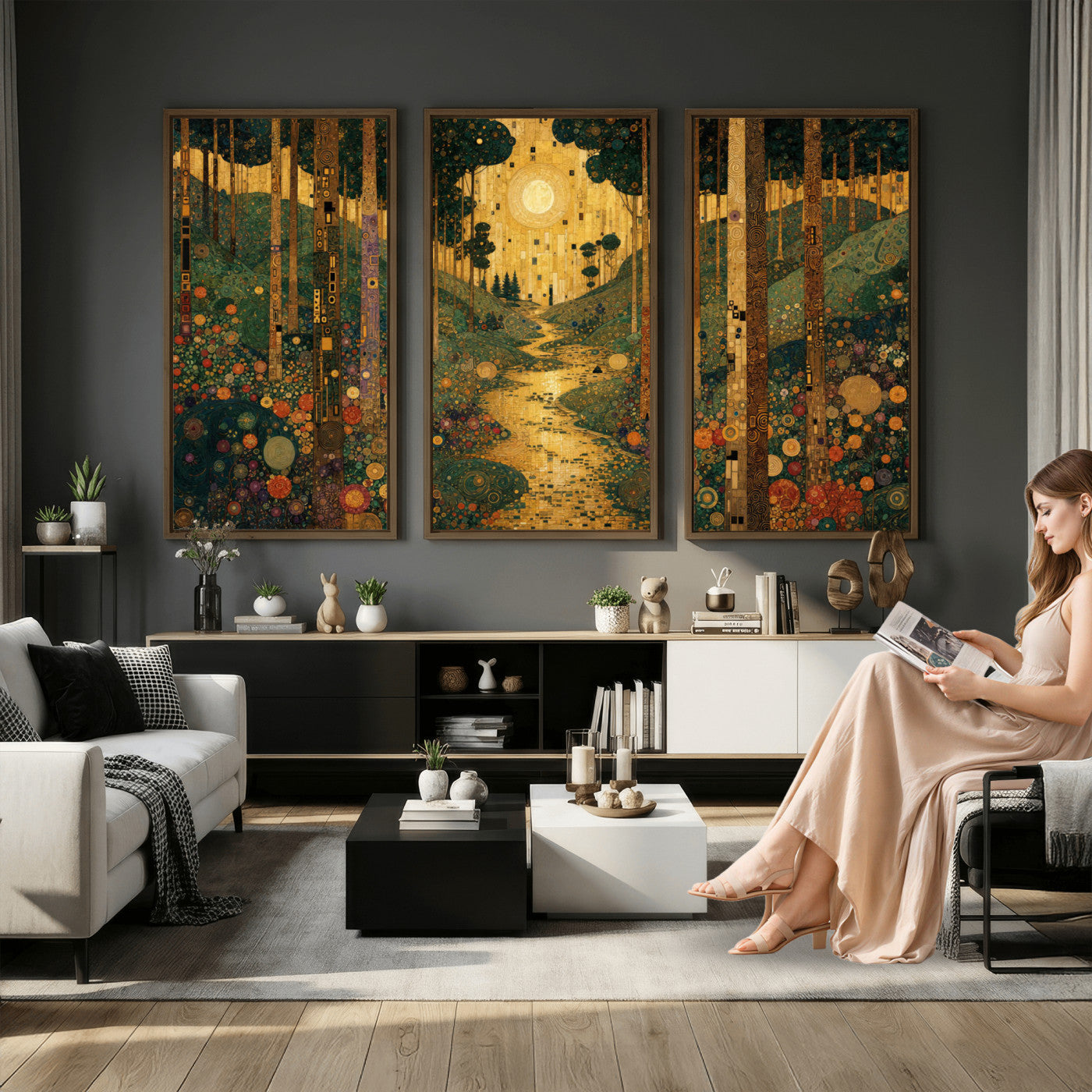 79483321GS-MGV-CV-48X32-3P - Gustav Klimt Style Forest Canvas Wall Art, Golden Forest Path Floral Art Nouveau Print, Enchanted Woodland Decor