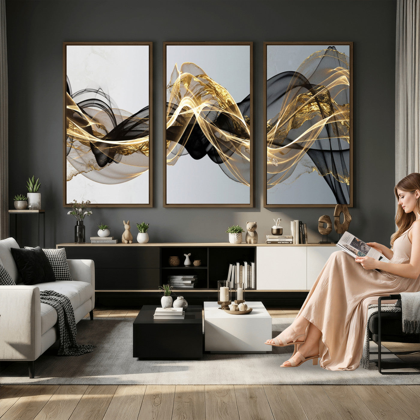 79483321DL-MGV-CV-36X24 - Black and Gold Abstract Wall Art, Modern Wave Canvas Print, Elegant Flowing Smoke Art, Luxury Living Room Decor