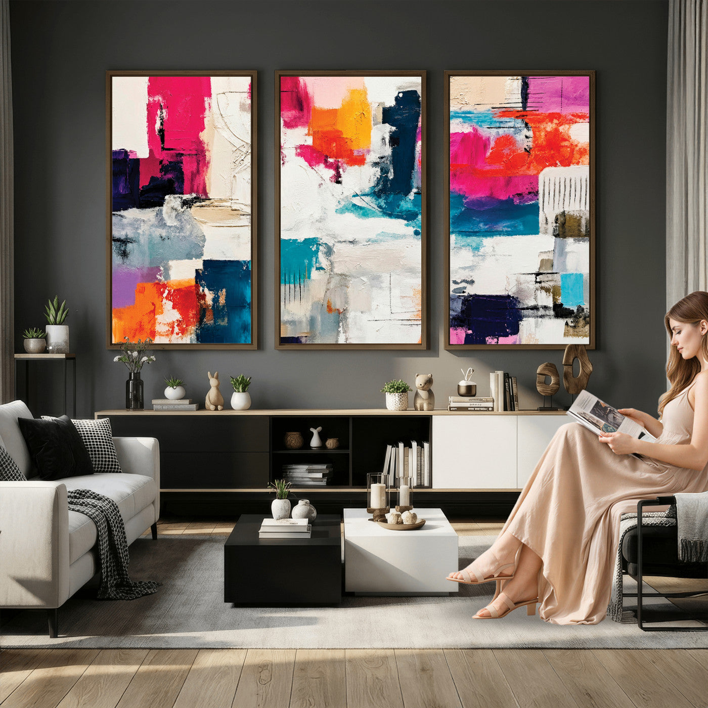 57864023-MGV-CV-36X24 - Blue Teal Abstract Canvas Wall Art | Modern Textured Painting Print, Navy Orange White Contemporary Art, Neutral Living Room Decor, Office Art