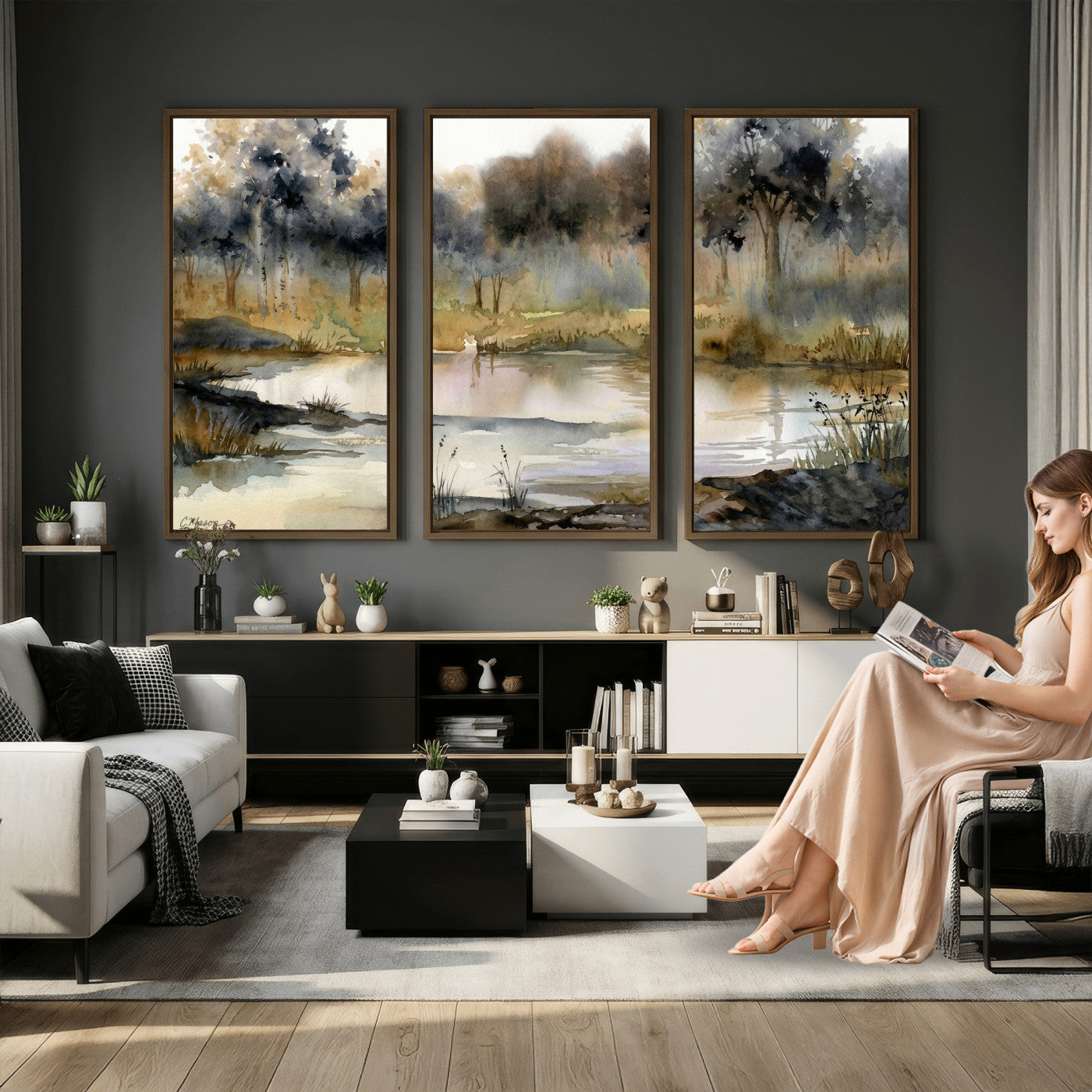 27383609-MGV-CV-36X24 - Abstract Watercolor Autumn Lake Canvas Wall Art Print - Misty Forest Landscape, Rustic Nature Painting, Cabin Wall Decor - Ready to Hang