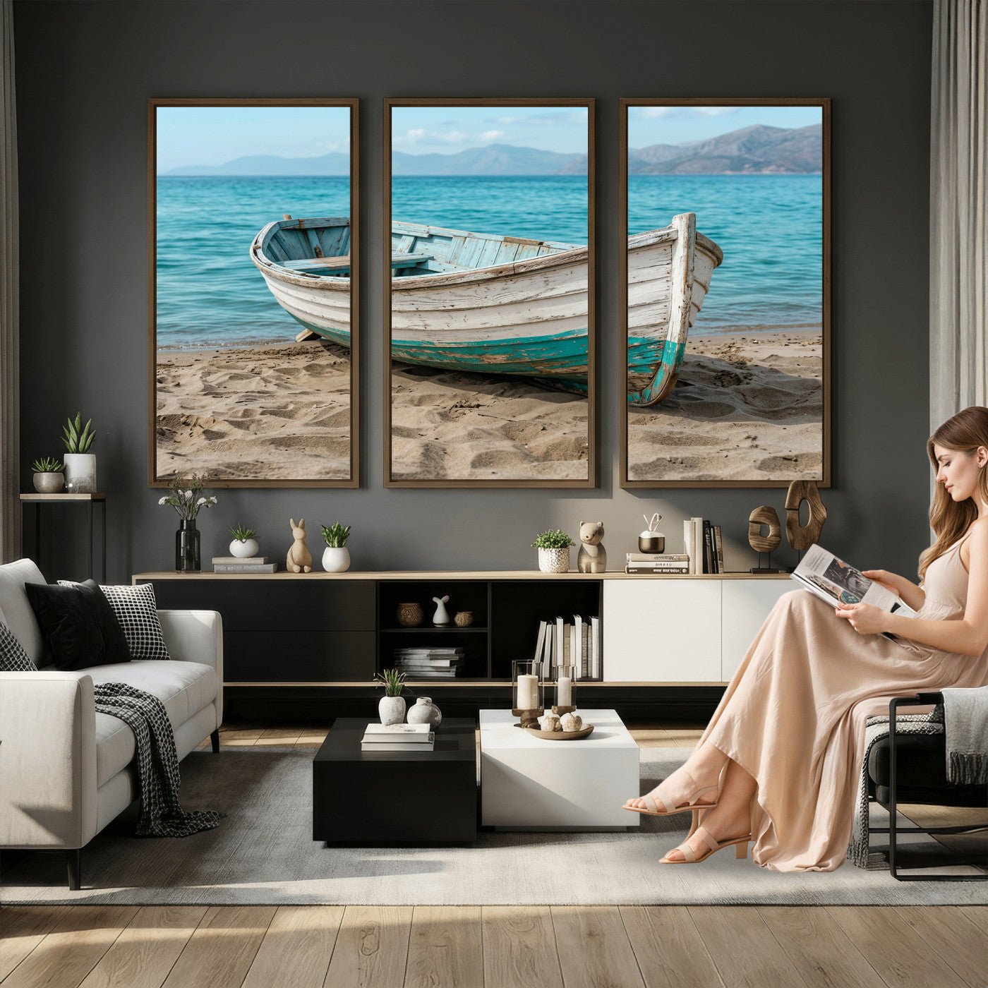 49963709-MGV-CV-36X24 - Coastal Boat Canvas Wall Art Print, Beach Boat Painting, Nautical Ocean Decor, Seascape Wall Art - Ready to Hang