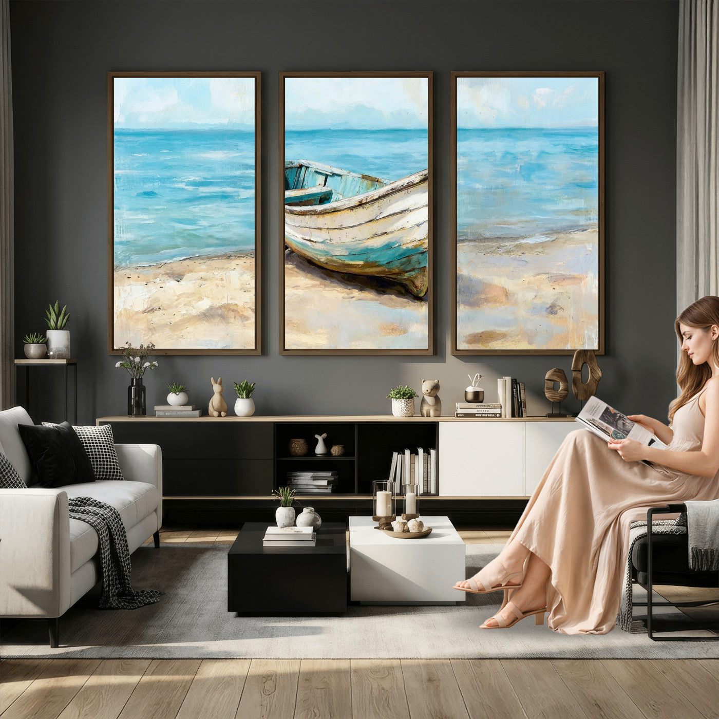 14780565-MGV-CV-36X24 - Coastal Boat Canvas Wall Art Print, Beach Boat Painting, Nautical Ocean Decor, Seascape Wall Art - Ready to Hang