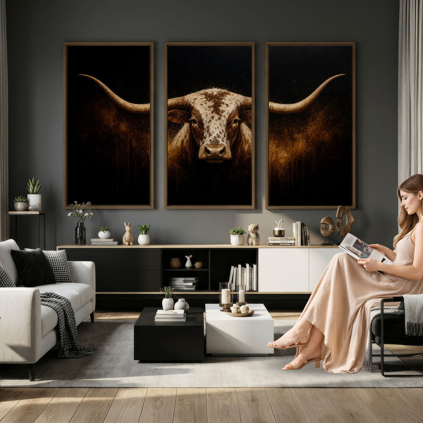 12628958-MGV-CV-36X24 - Texas Longhorn Canvas Wall Art Moody Western Bull Oil Painting Print