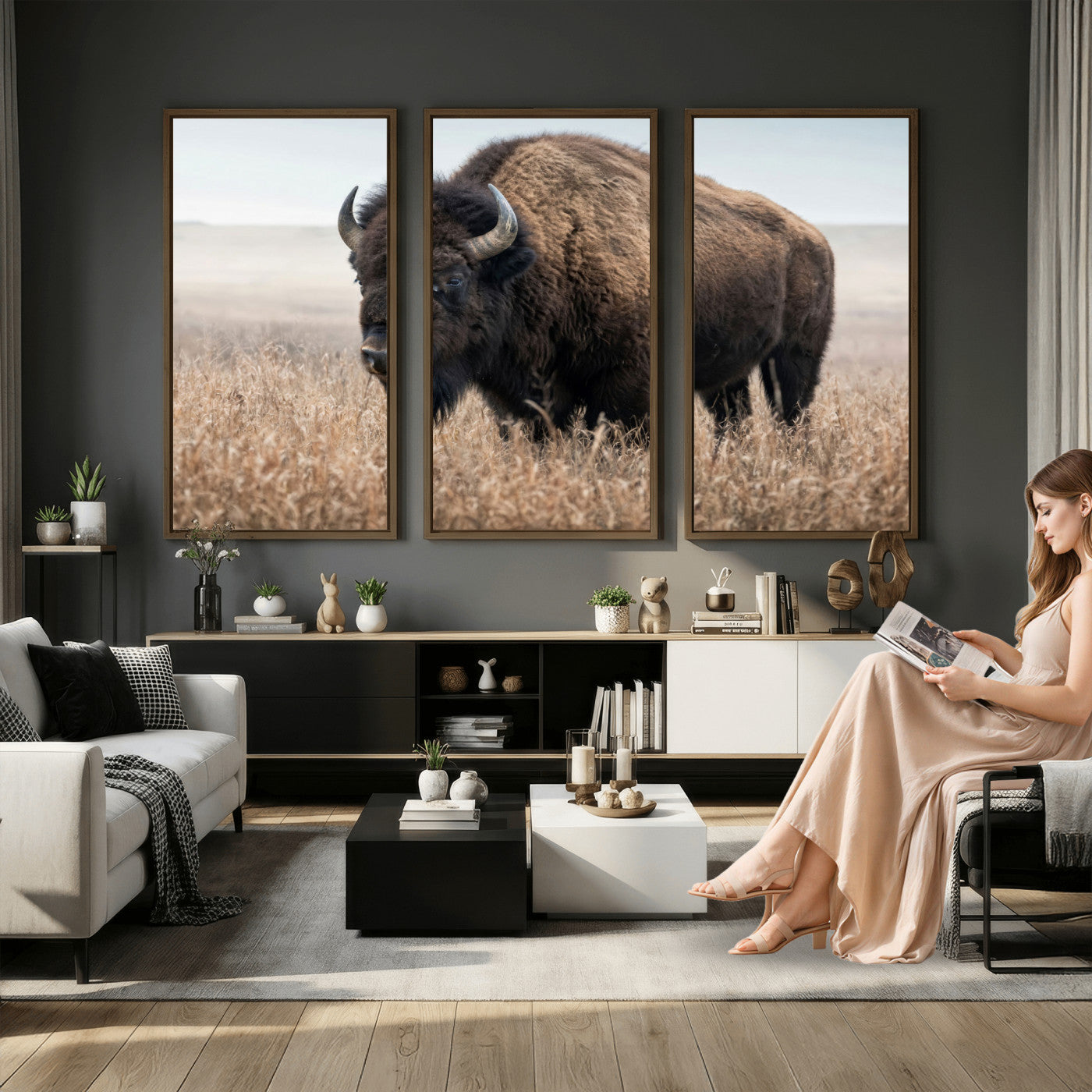 81029583-MGV-CV-36X24 - American Bison in Prairie Field Wall Art Canvas Print - Rustic Wildlife Photography