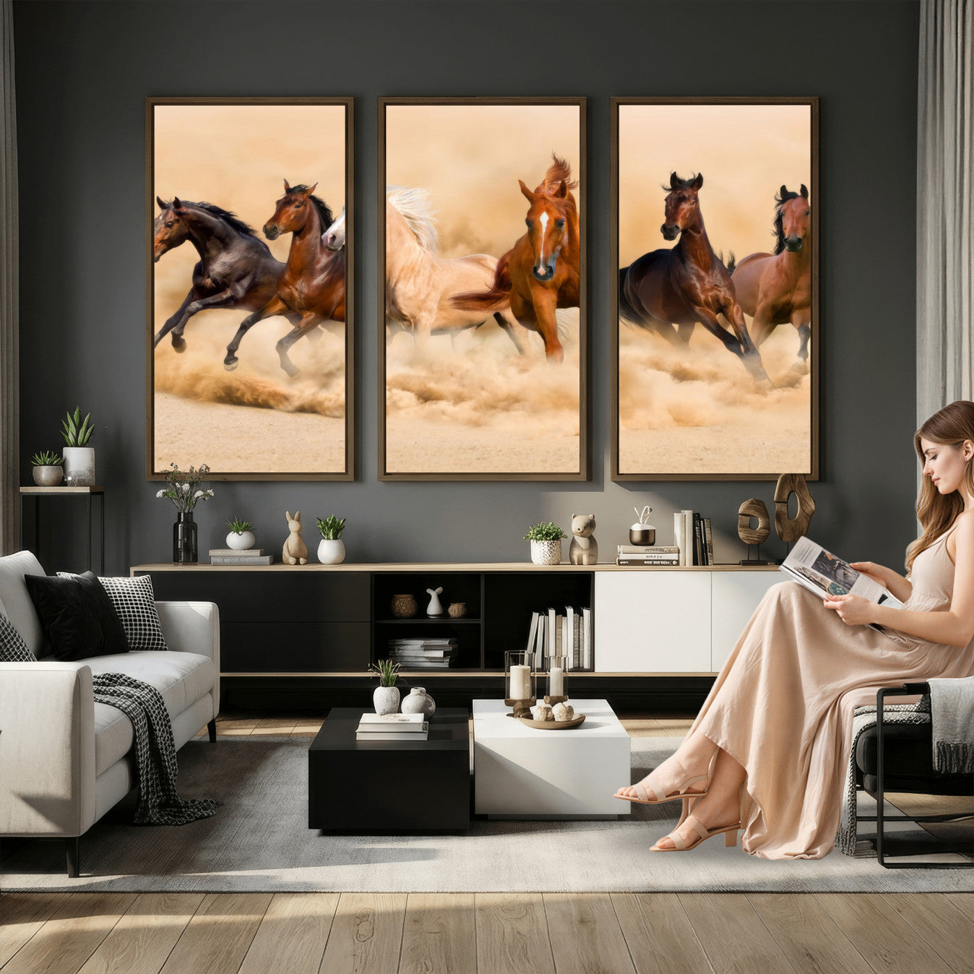 90610949-MGV-CV-36X24 - Herd of Six Wild Horses Galloping in Dust Storm Wall Art Canvas Print - Majestic Wildlife Decor