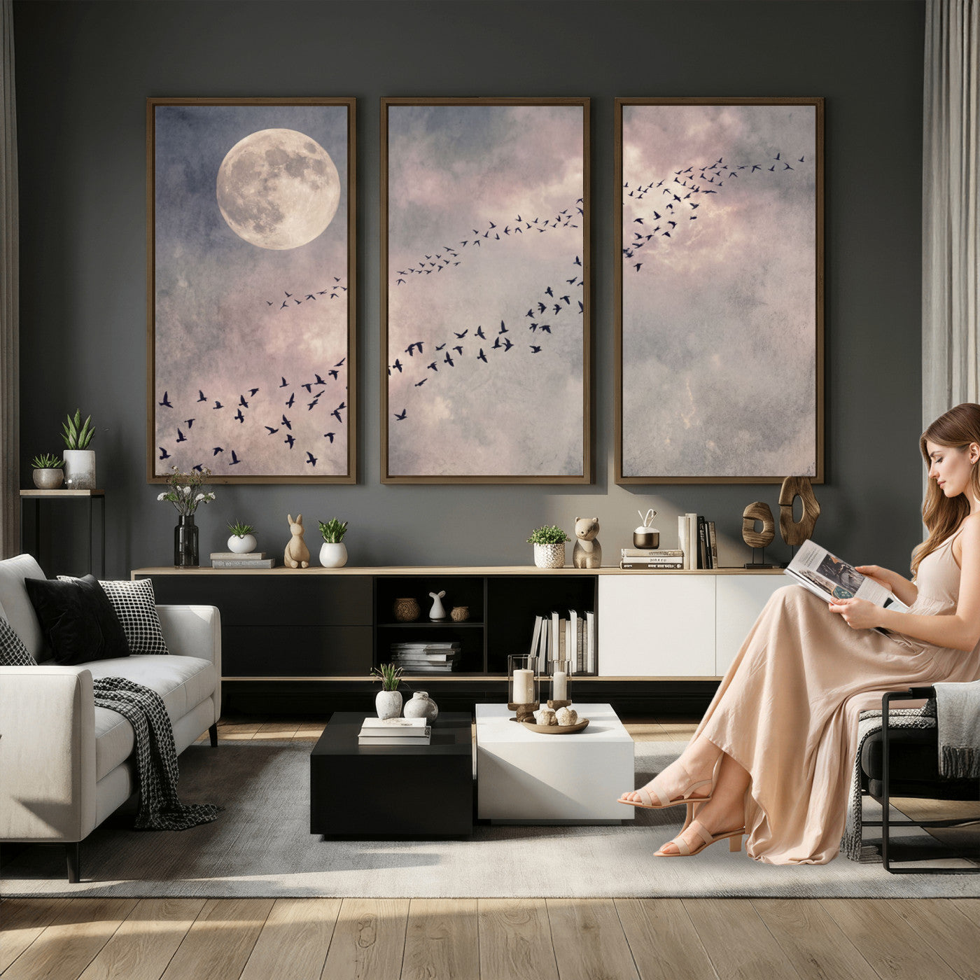 52339590-MGV-CV-36X24 - Birds Flying to Moon Wall Art Canvas Print - Vintage Surreal Night Sky Sky Print
