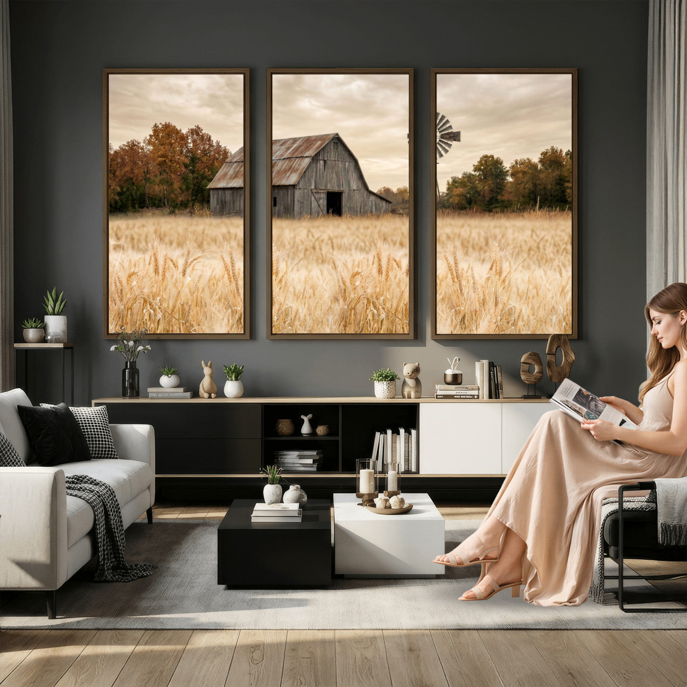 99640659-MGV-CV-36X24 - Rustic Farmhouse Barn and Windmill Wall Art Canvas Print, Country Landscape Photography Print