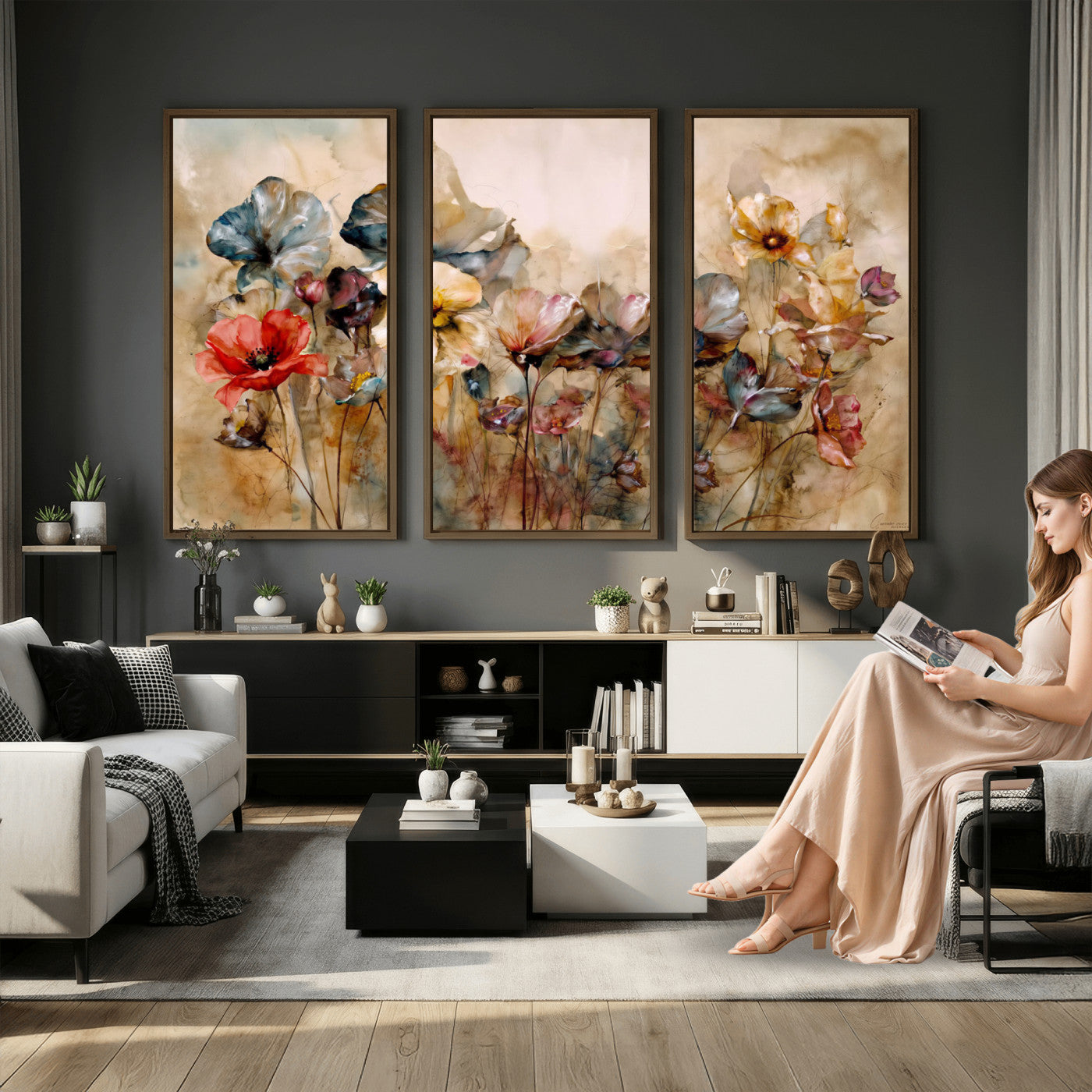11407233-MGV-CV-36X24 - Vintage Dried Floral Meadow Wall Art Canvas Print, Translucent Watercolor Flowers Painting Print