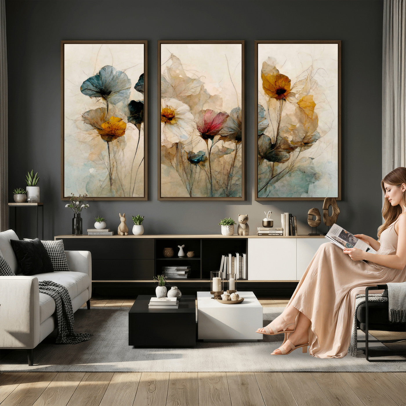 86802229-MGV-CV-36X24 - Vintage Dried Floral Meadow Wall Art Canvas Print, Translucent Watercolor Flowers Painting Print