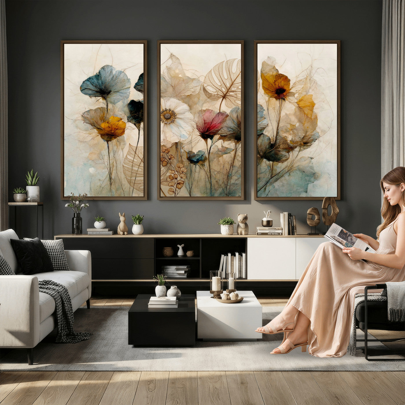 93171612-MGV-CV-36X24 - Vintage Dried Floral Meadow Wall Art Canvas Print, Translucent Watercolor Flowers Painting Print