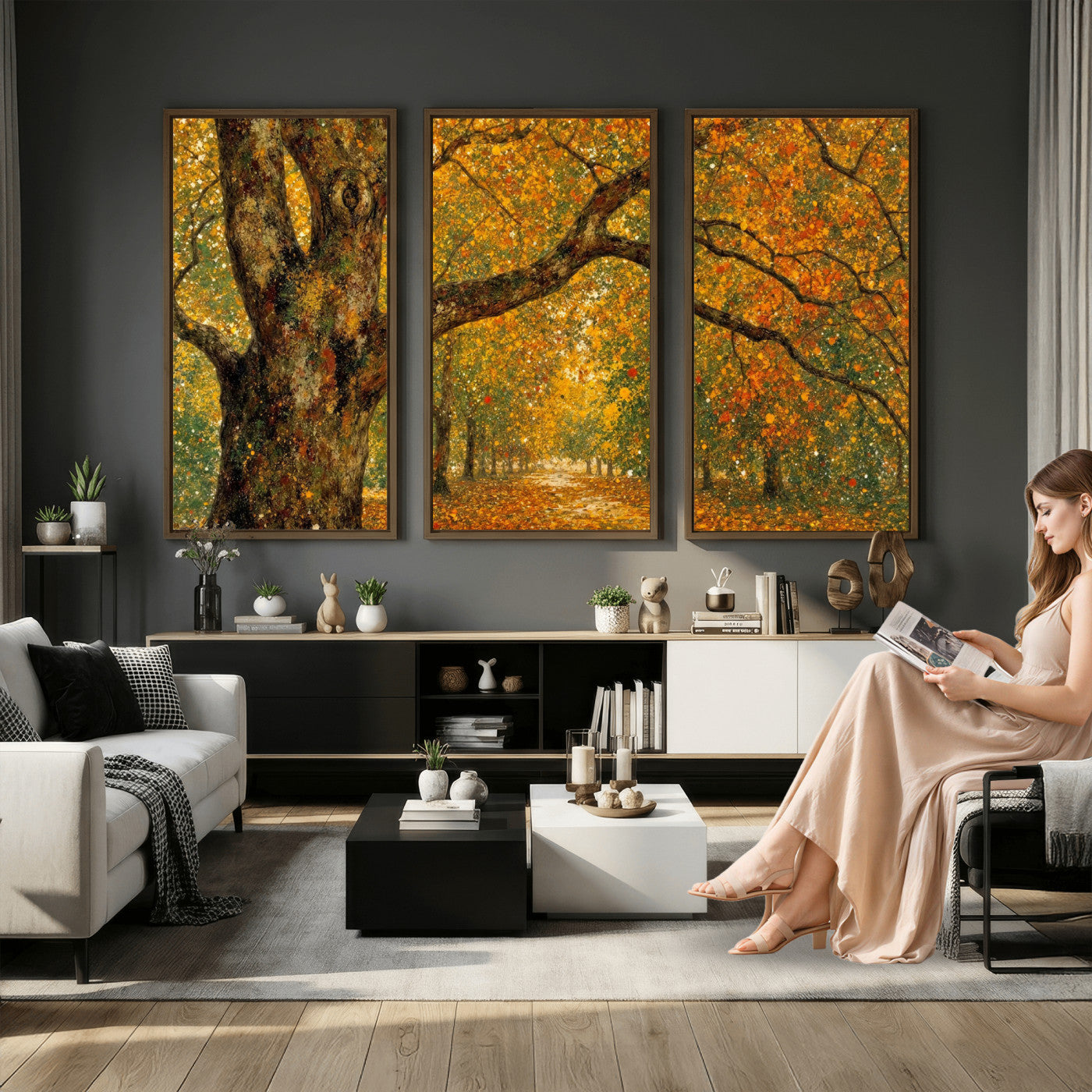 11536138-MGV-CV-36X24 - Vintage Autumn Forest Path Wall Art Canvas Print, Golden Leaves Impressionist Painting Print