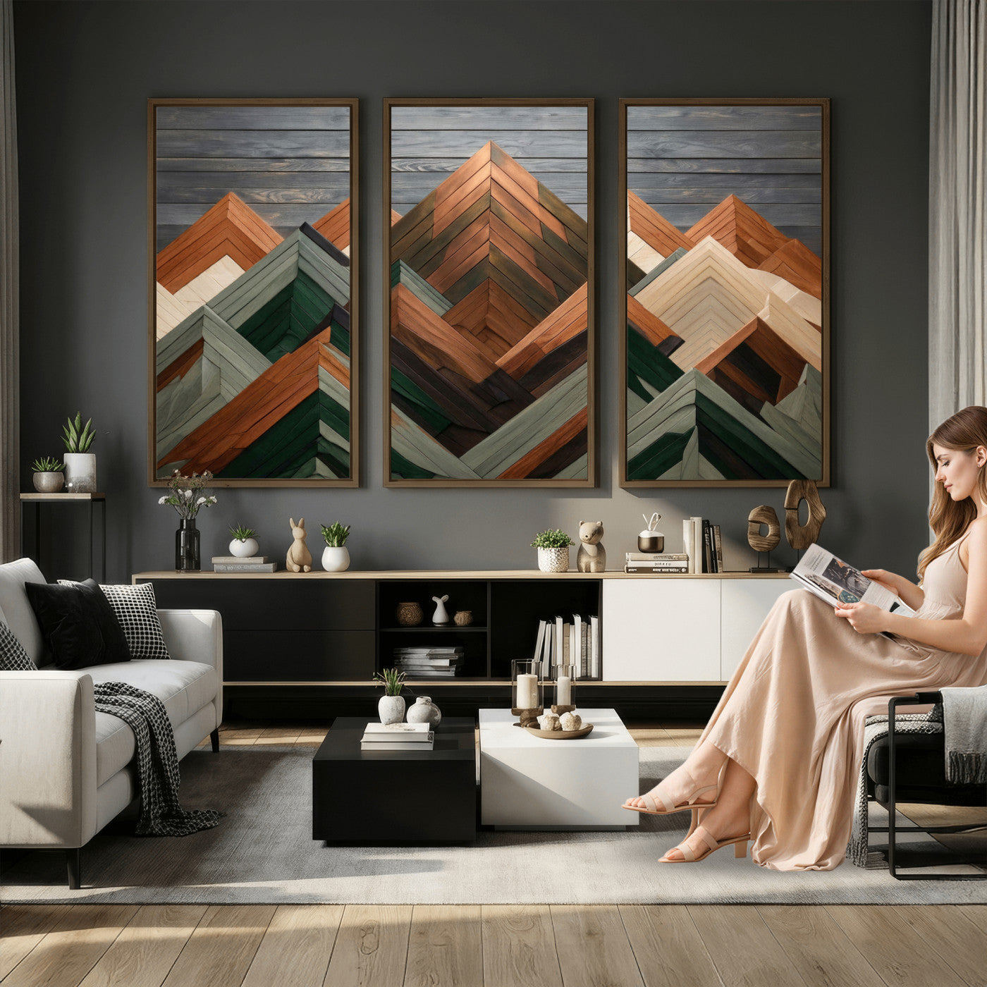 84617347-MGV-CV-36X24 - Geometric Wood Mountain Wall Art Canvas Print, 3D Look Rustic Mosaic Landscape Print