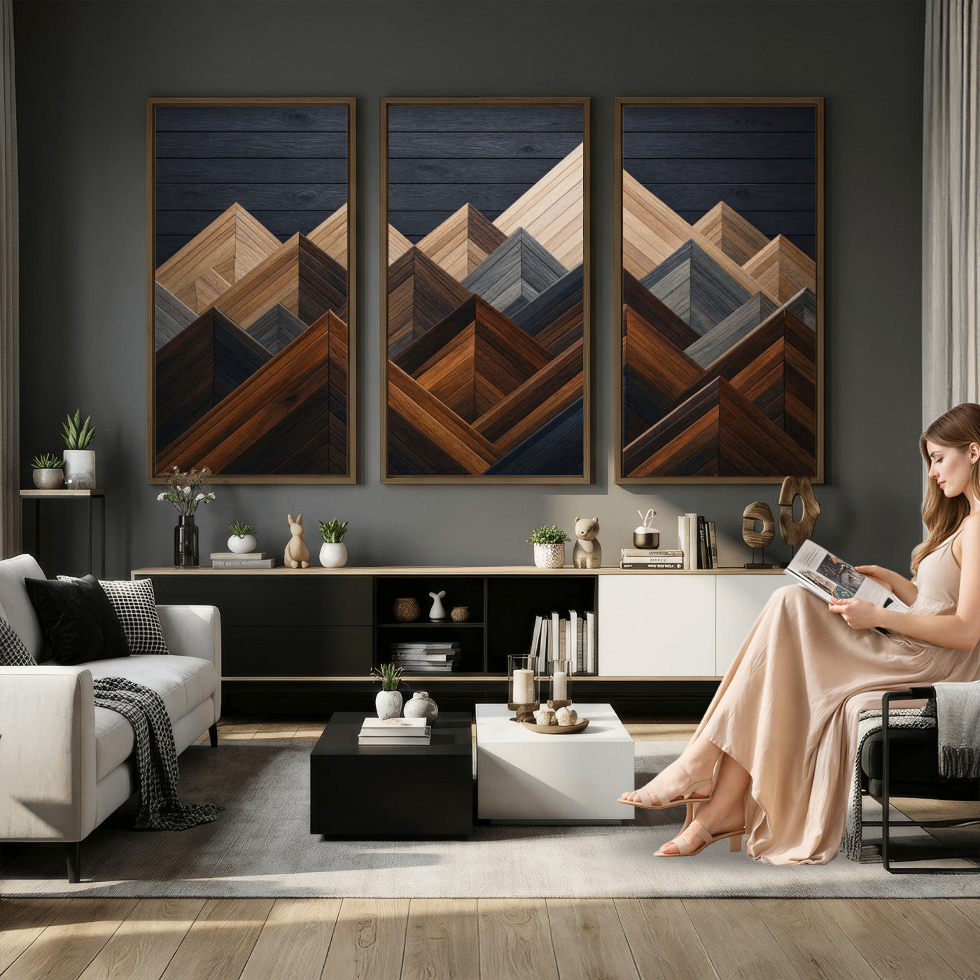 70531117-MGV-CV-36X24 - Geometric Wood Mountain Wall Art Canvas Print, 3D Look Rustic Mosaic Landscape Print