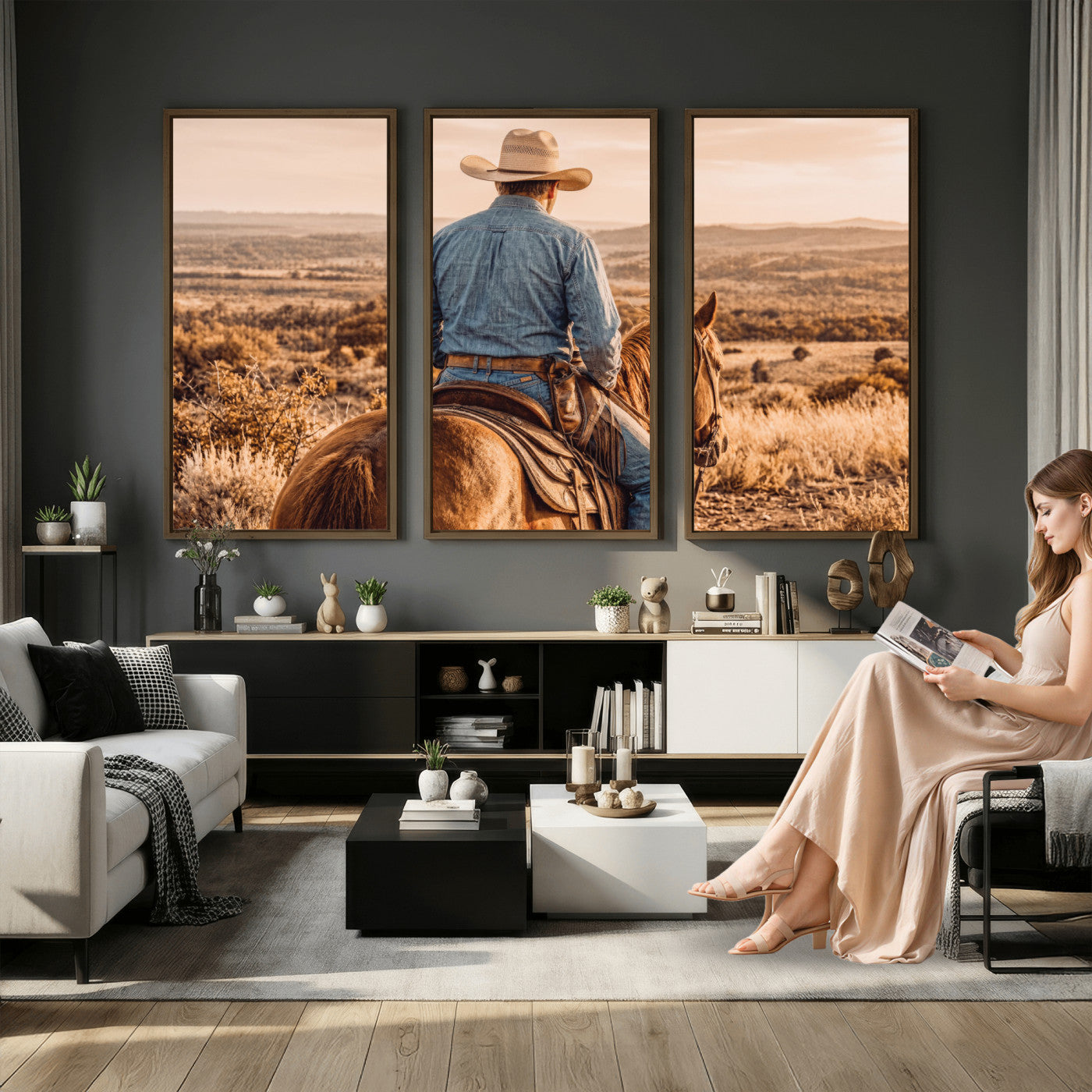 62076449-MGV-CV-36X24 - Texas Cowboy and Horse Print for Western Wall Art Decor for Farmhouse