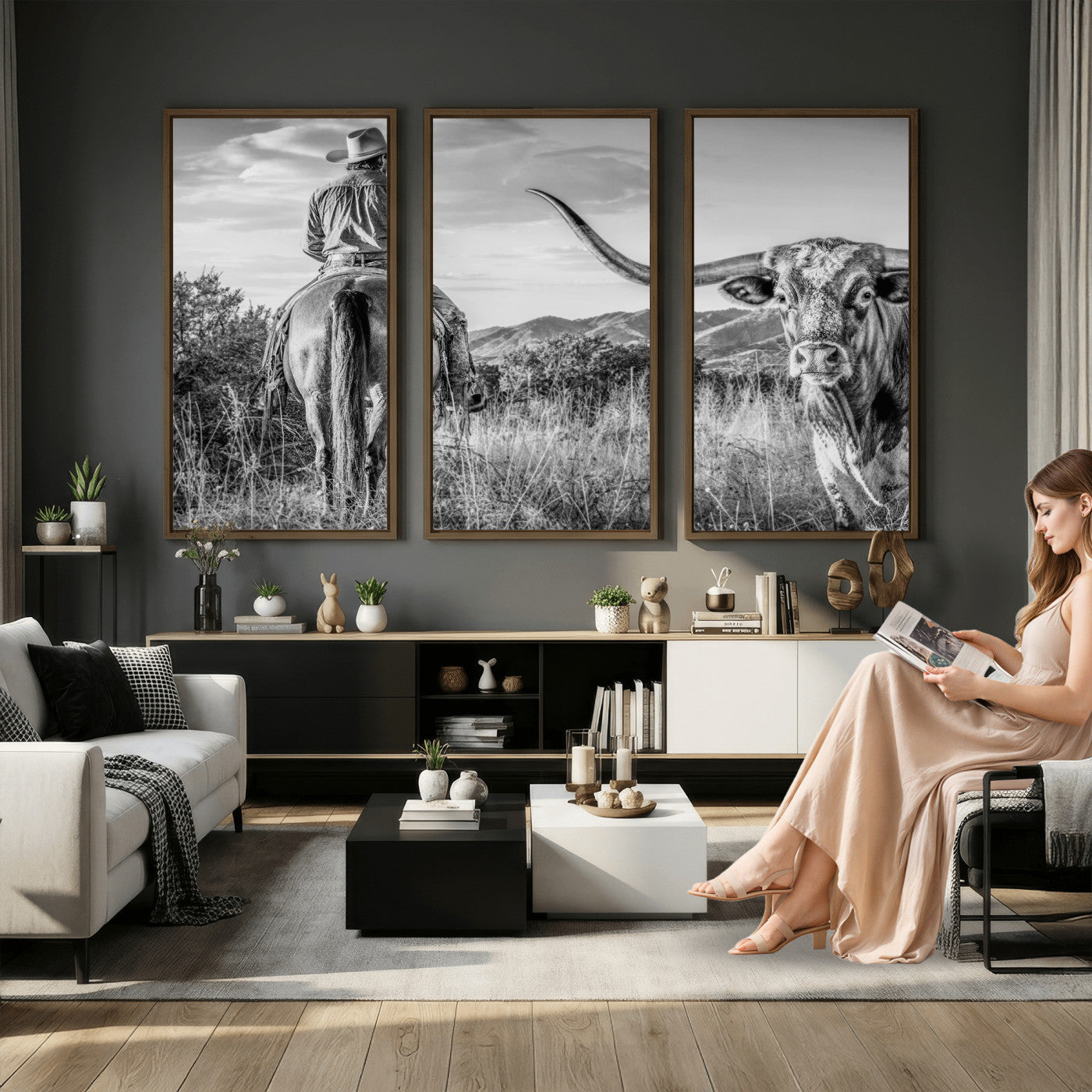 62076449WB-MGV-CV-36X24 - Texas Cowboy and Longhorn Bull Print for Western Wall Art Decor for Farmhouse