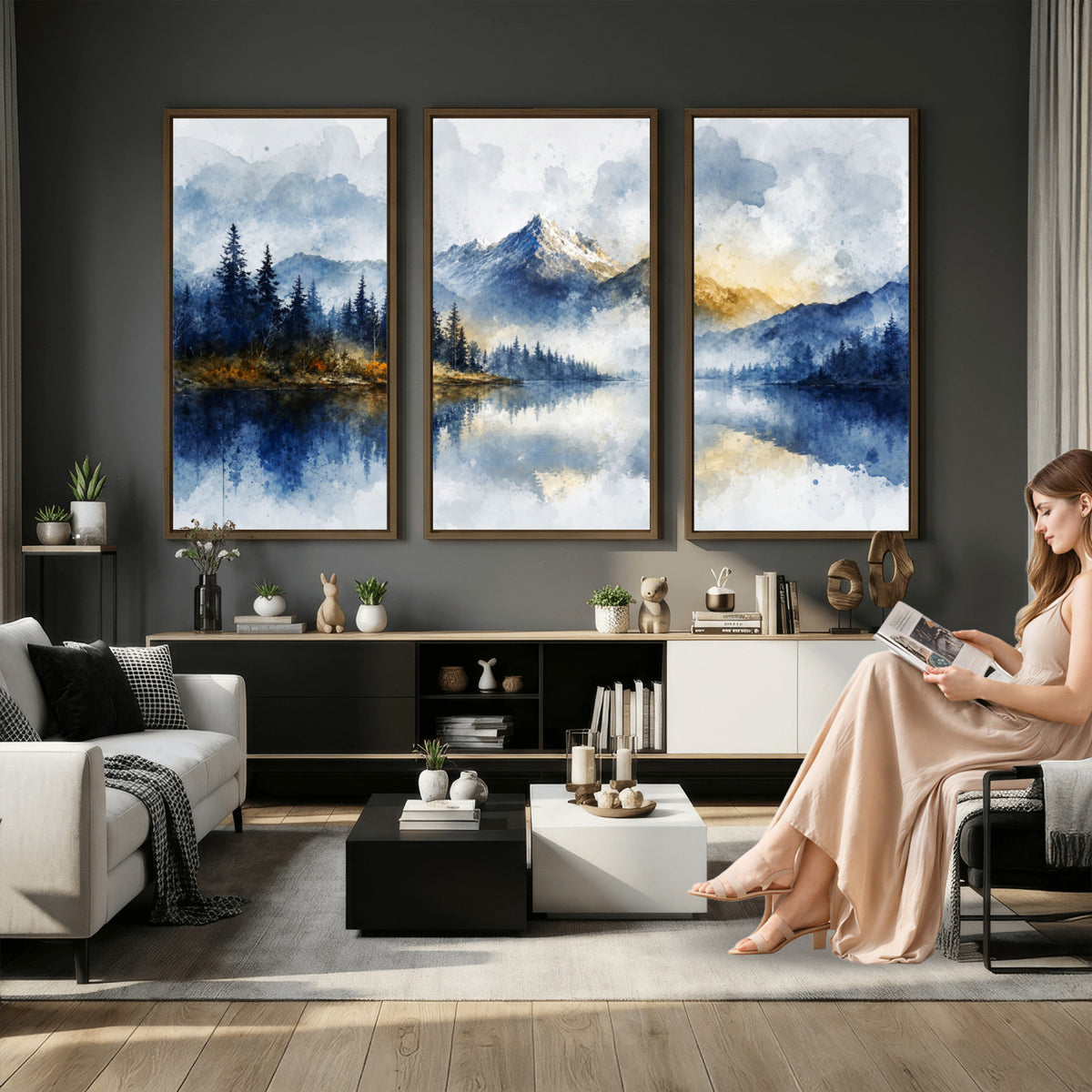 62076449DG-MGV-CV-36X24 - Abstract Watercolor Mountain Lake Wall Art Print for Living Room Decor