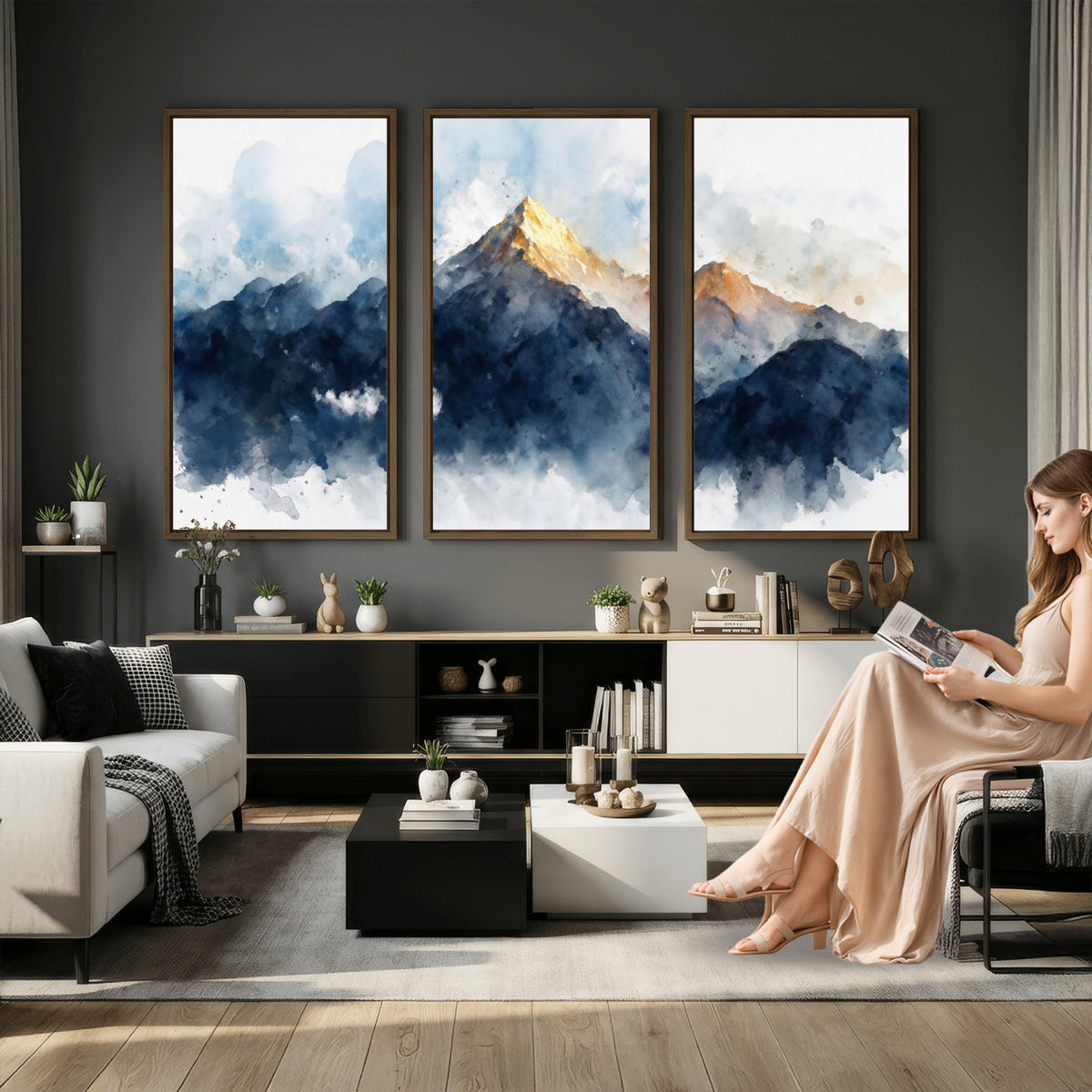 62076449DG1-MGV-CV-36X24 - Abstract Watercolor Mountain Lake Wall Art Print for Living Room Decor