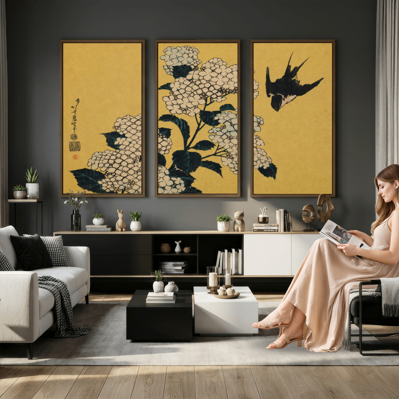 92483501-MGV-CV-36X24 - Katsushika Hokusai Hydrangea and Swallow Wall Art Canvas Print, Japanese Woodblock Painting Print