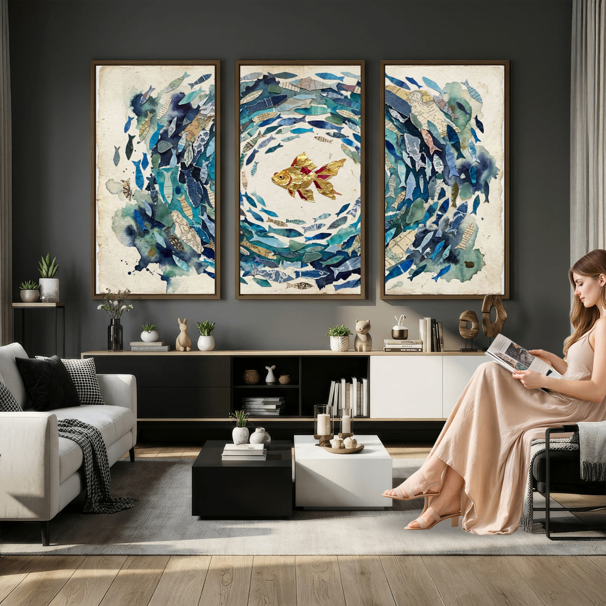 73165663-MGV-CV-36X24 - Mixed Media Blue Fish Swirl Canvas Wall Art, Goldfish Collage Ocean Print