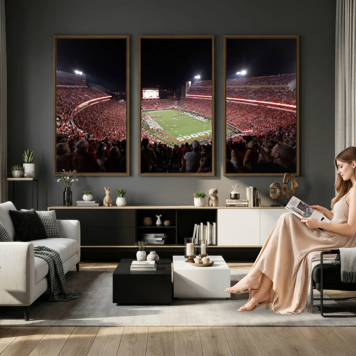 50587166-_Poster-30x20 - Sanford Stadium Georgia Bulldogs Canvas Print 3 Piece Framed Wall Art Extra Large Floating Frame Sports Poster Made in USA
