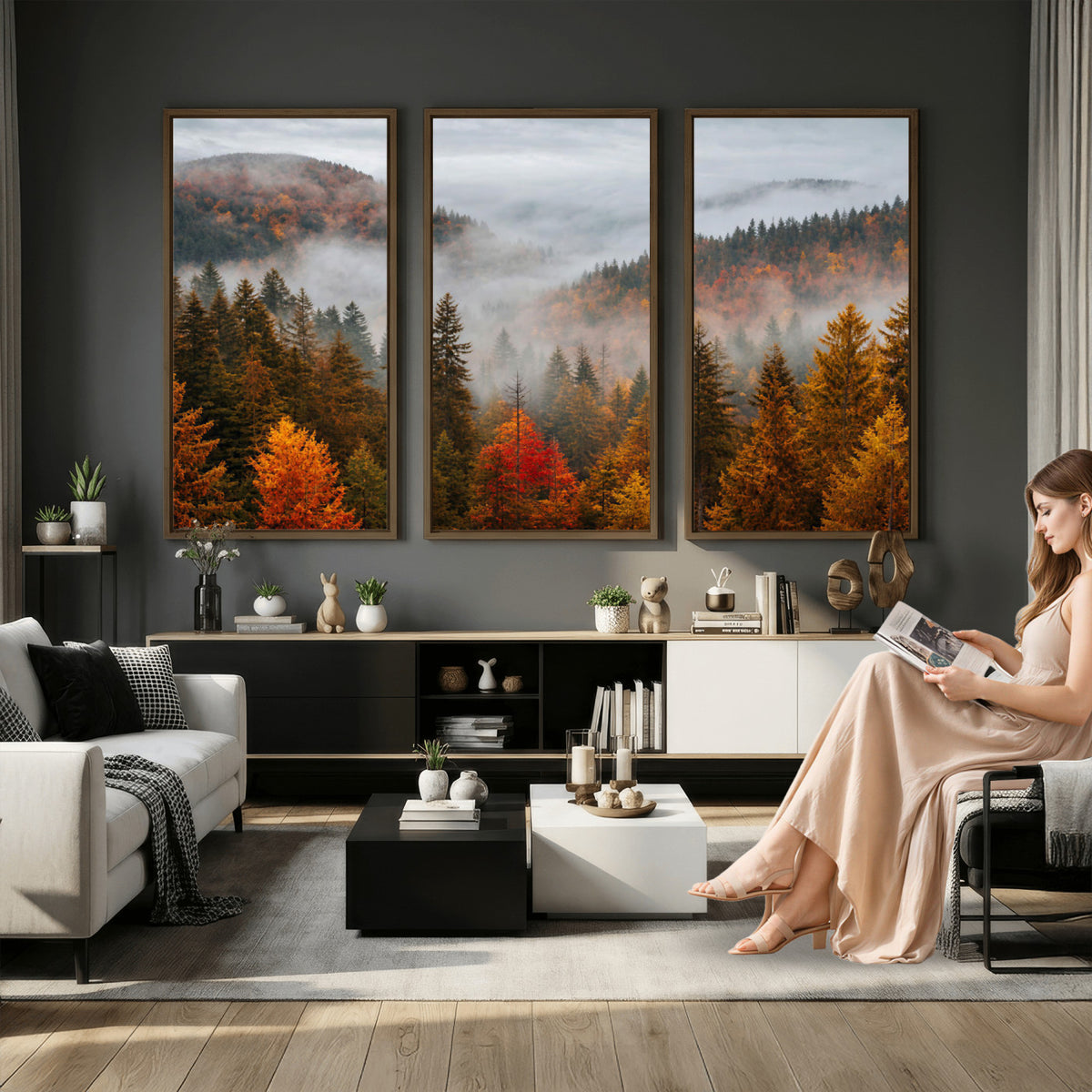 87481341-_Poster-30x20 - Foggy Autumn Mountain Canvas Print Smoky Pine Forest Wall Art Panoramic Nature Poster 3 Piece Made in USA