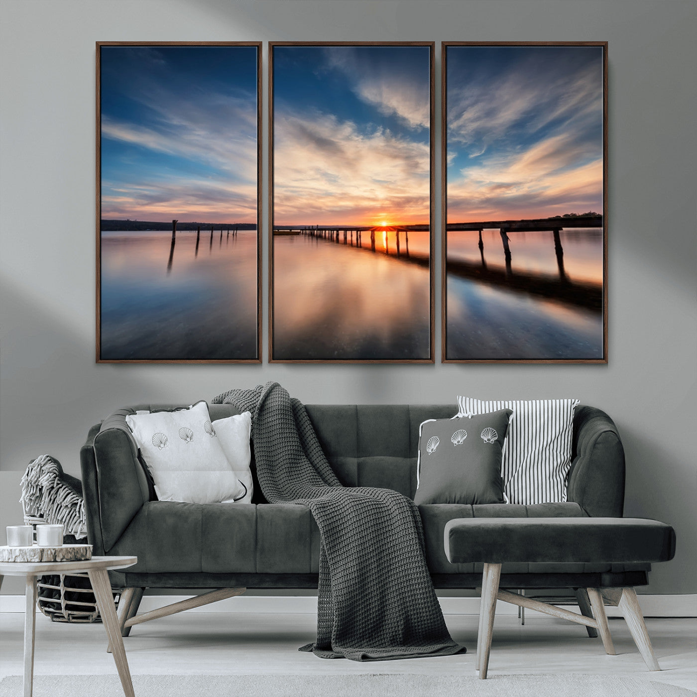 39967-MGV-FC-48X32-3P_Walnut-Wooden Pier on Seascape and Sunset Wall Art Canvas Print