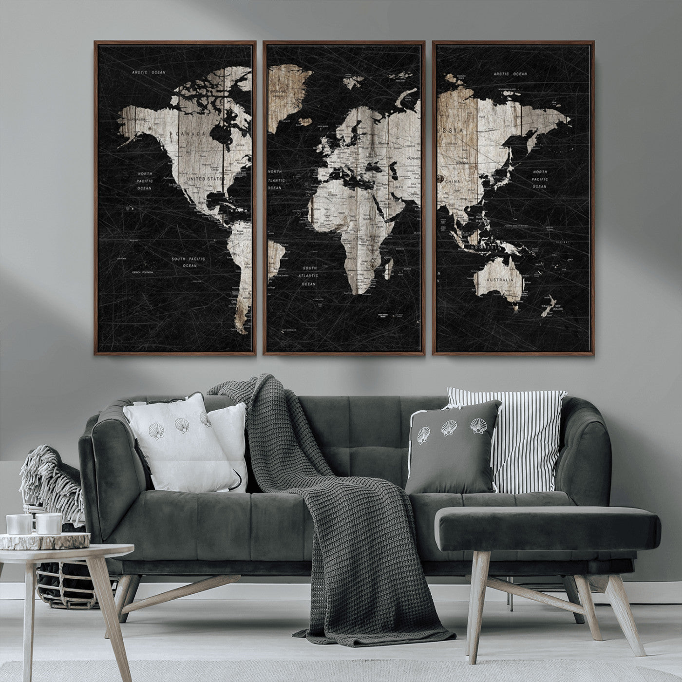 89998-MGV-CV-36X24-Rustic Black and Wood World Map Canvas Wall Art – Framed Push Pin Travel Map for Home and Office Decor, Modern Vintage Wall Artwork
