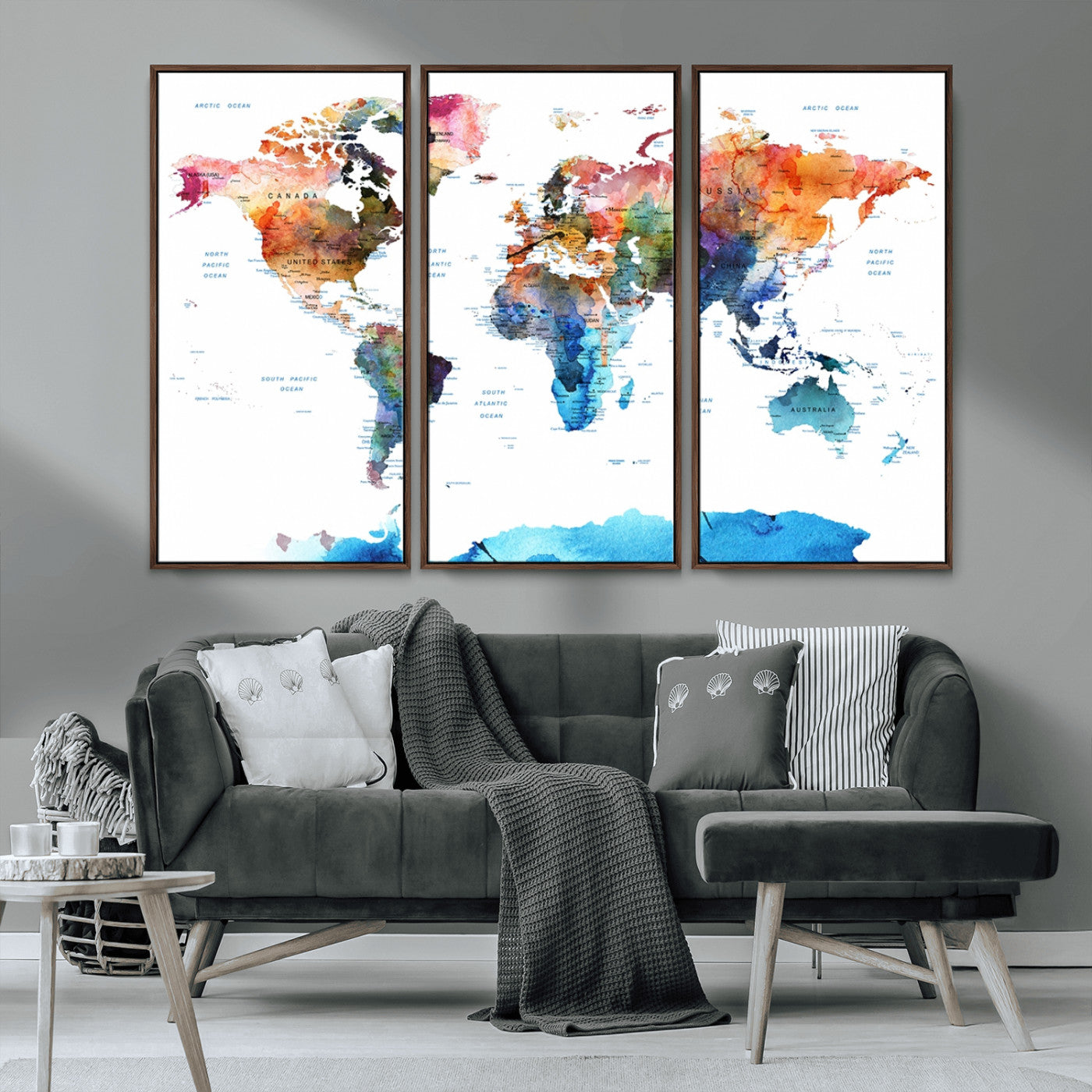 11576-MGV-CV-36X24-Vibrant Watercolor World Map Canvas Wall Art – Framed Push Pin Travel Map for Home and Office Decor, Modern Colorful Wall Artwork
