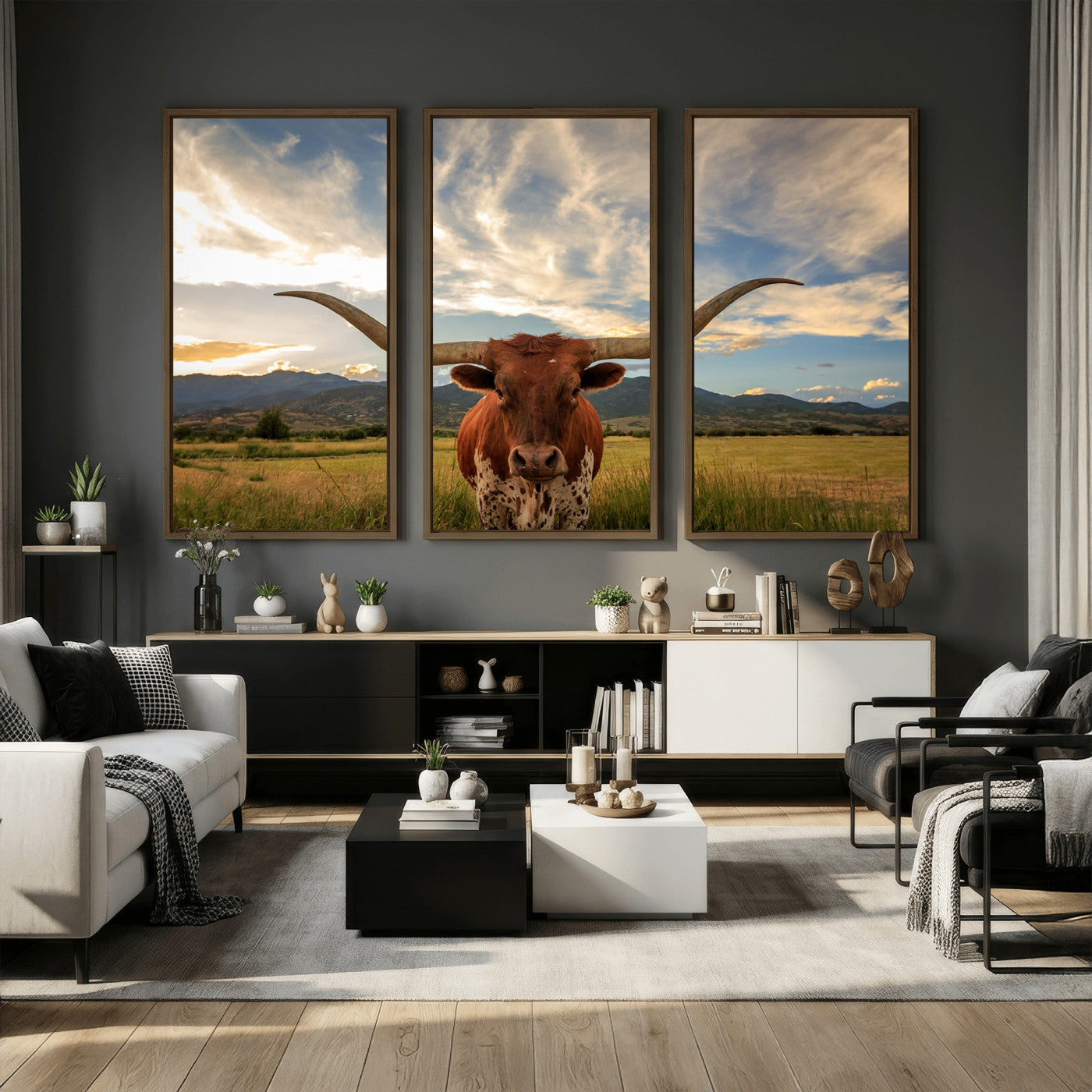 55416-MGV-CV-36X24 - Texas Longhorn Canvas Wall Art – Majestic Triptych Animal Print – Rustic Western Decor for Living Room