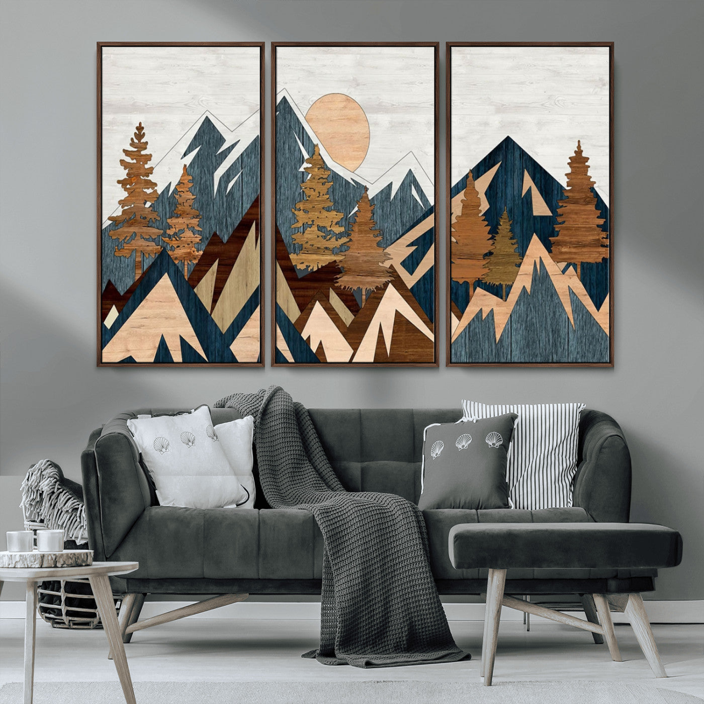 91467-MGV-CV-36X24-Abstract Wood Panel Effect Mountain Range Top Wall Art Canvas Print