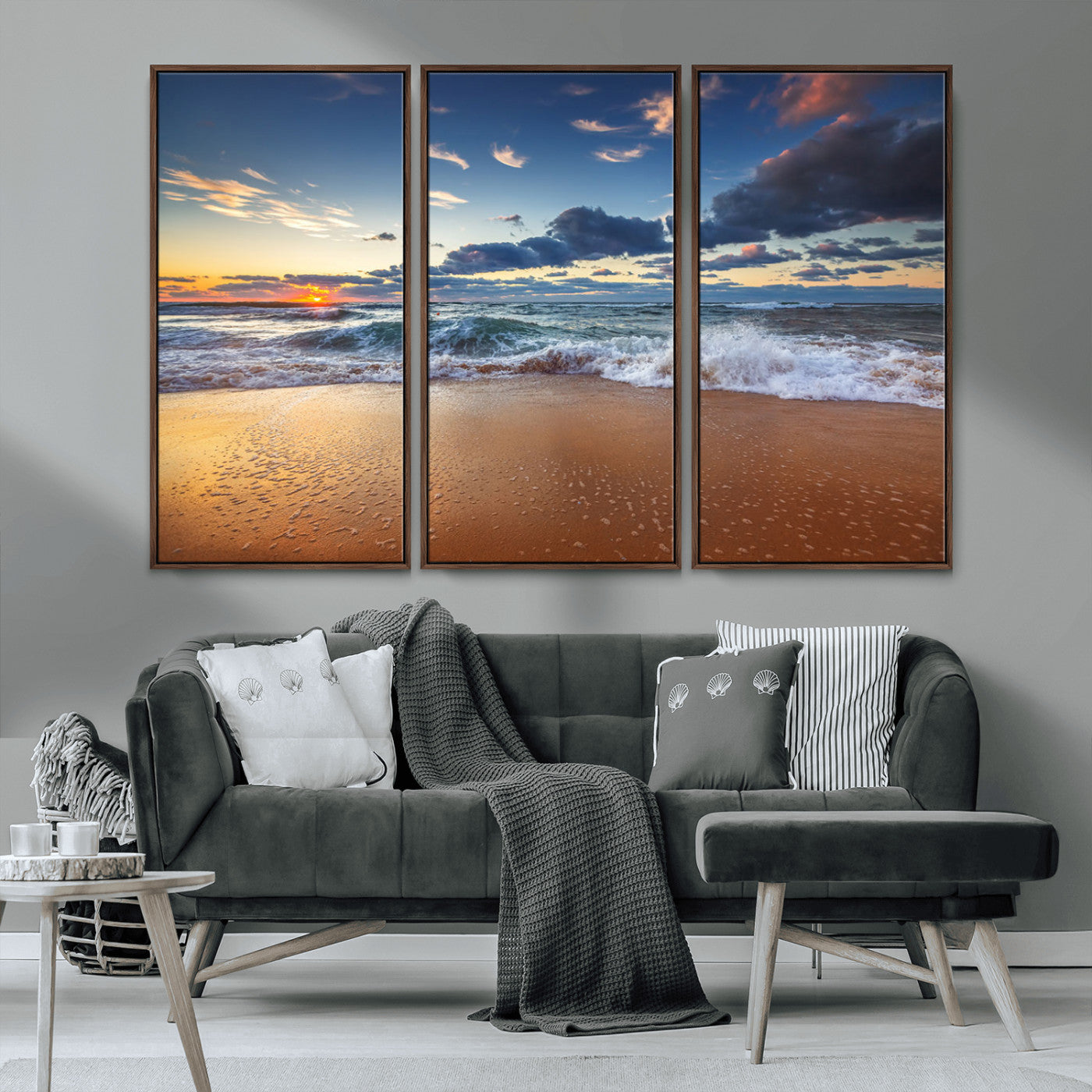 85899-MGV-FC-48X32-3P_Walnut-Beach Canvas Wall Art - Coastal Seascape Print for Living Room or Bedroom, Ocean Waves on Sand,