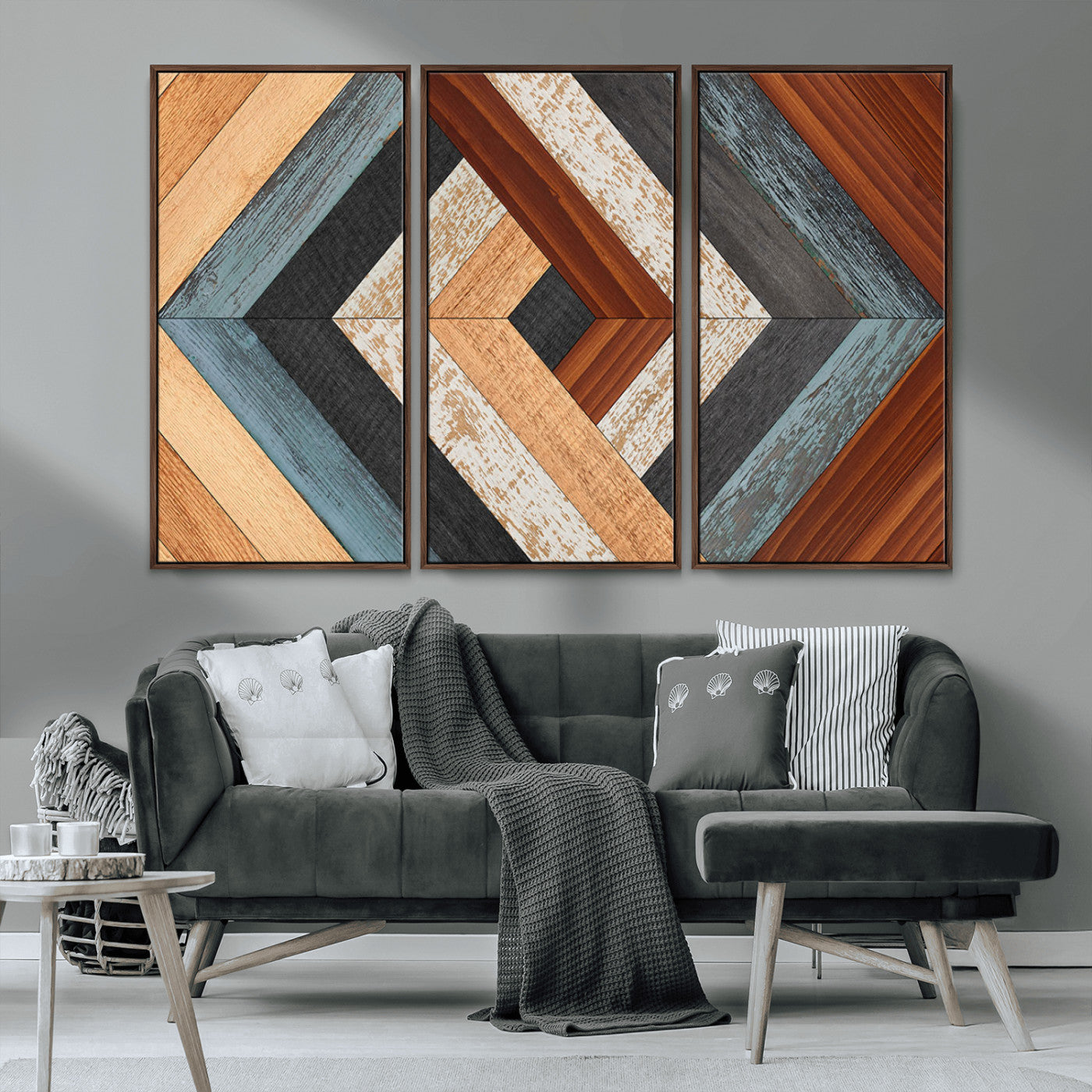 20897-MGV-CV-36X24-Geometric Wood Art Wall Decor Canvas Print, Rustic Wooden Pattern Triptych Wall Art for Living Room