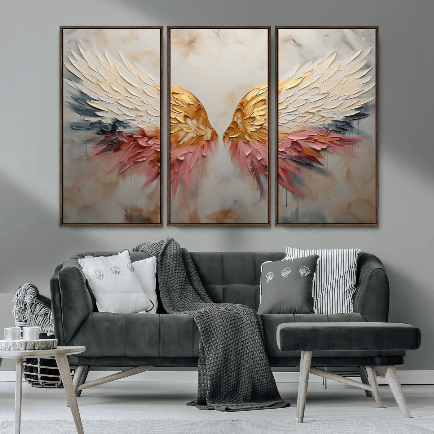10697-MGV-FC-48X32-3P_Walnut-Golden Angel Wings Wall Art Canvas Print – Stunning Abstract Winged Art for Elegant Home Decor –