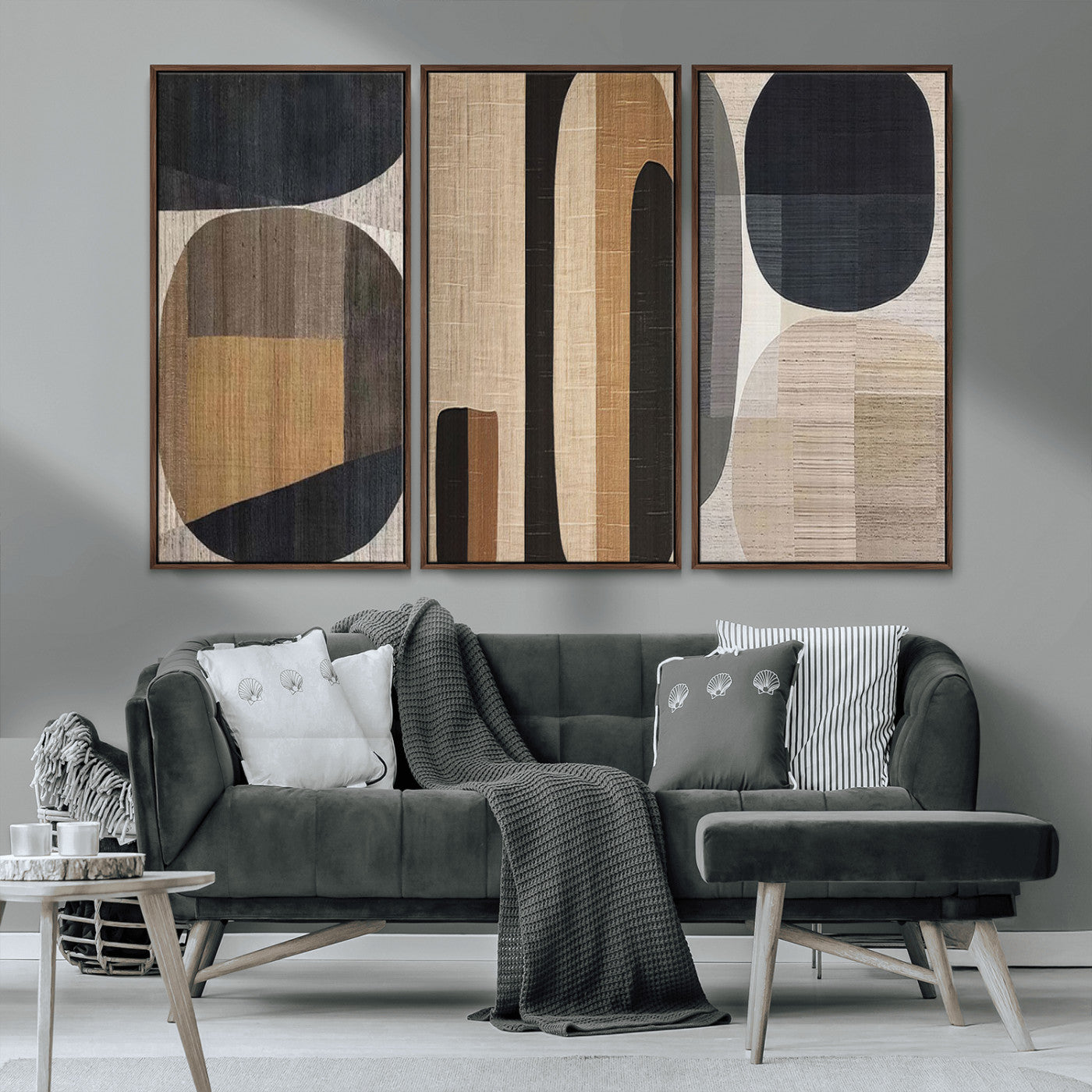 52302-MGV-FC-48X32-3P_Walnut-Wabi Sabi Canvas Print - Geometric Abstract Wall Art Canvas Print | Minimalist Earthy Tones | Ready