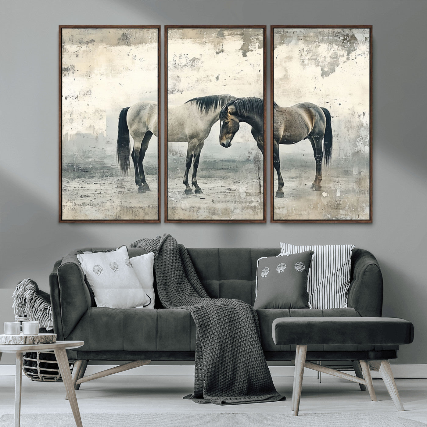 -Chines Style Majestic Horses Wall Art | Ready to Hang and Framed Triptych Print | Western Farmhouse