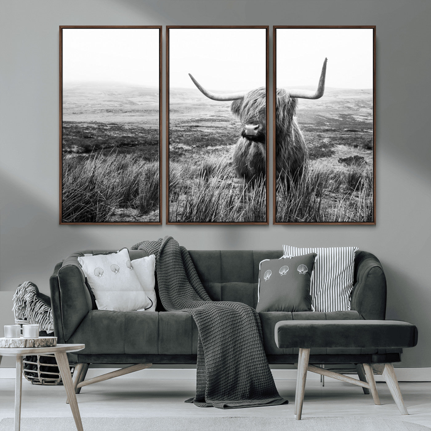80826-MGV-FC-48X32-3P_Walnut-Scottish Highland Cow Wall Art | Black and White Canvas Print | Ready to Hang and Framed | Rustic