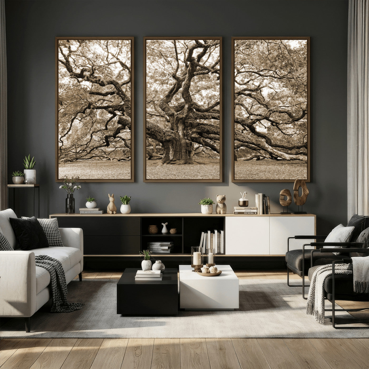 51126-MGV-CV-36X24 - Sepia Framed Angel Oak Tree Wall Art - 3-Panel Canvas Prints, Large Green Nature Artwork, Ready to