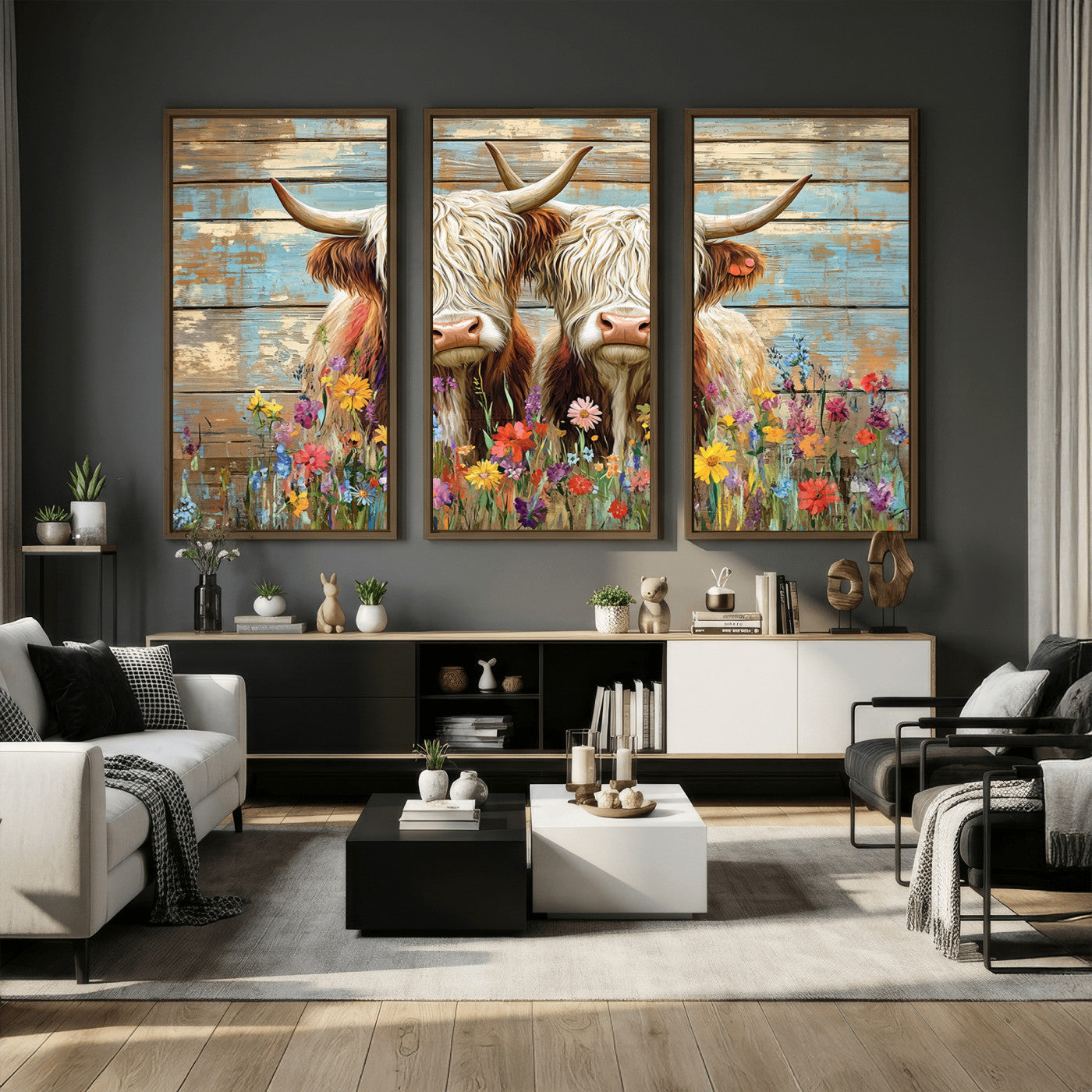 36972-MGV-CV-36X24 - Cute Highland Cow Canvas Wall Art - Rustic Farmhouse Decor with Colorful Flowers Perfect Wall Art