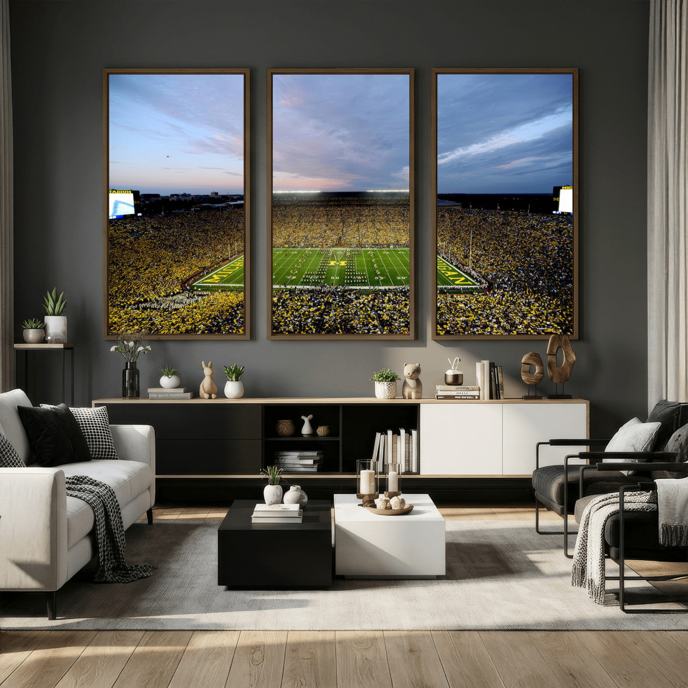 82641-MGV-CV-36X24 - Michigan Stadium Wall Art Canvas Print, Vibrant Game Day Crowd and Sunset Sky Football Field Artwork for Home, Office