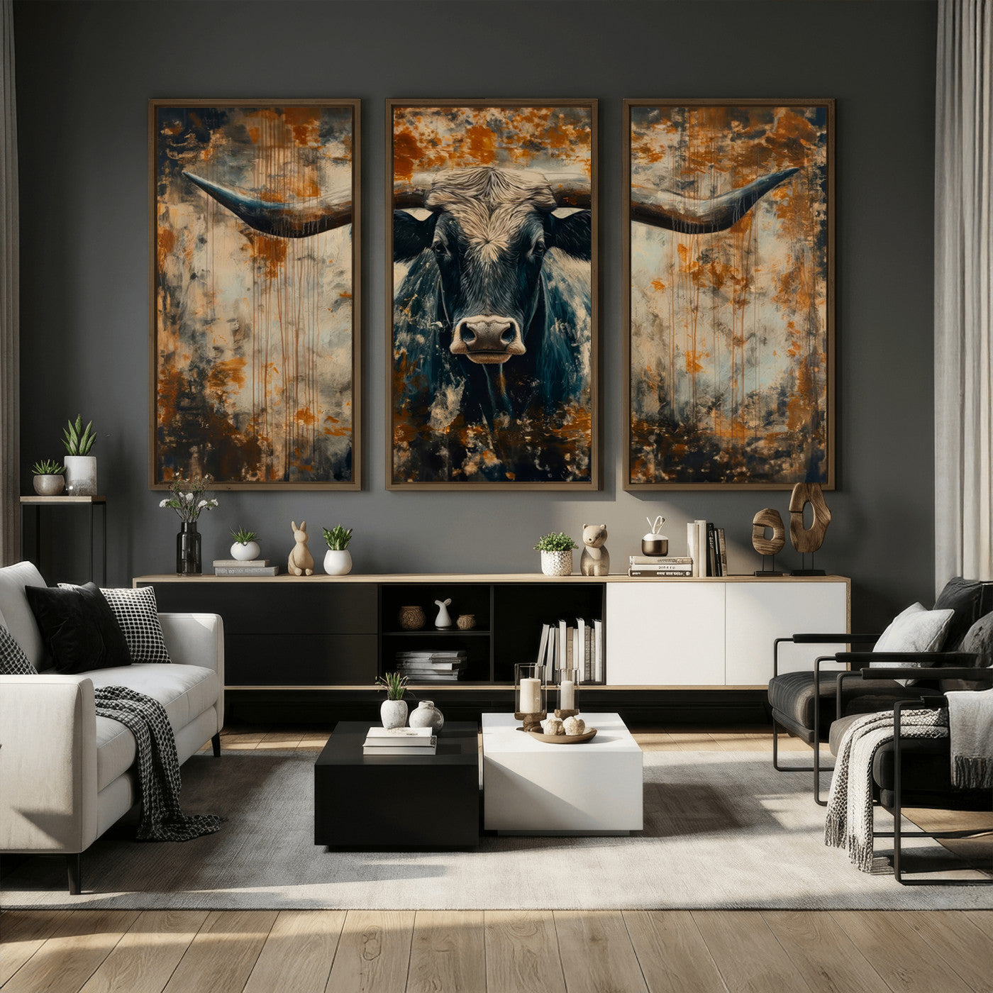 85913-MGV-CV-36X24 - Abstract Longhorn Bull Wall Art | Rustic Western Wall Decor | Framed and Ready to Hang | Ideal for