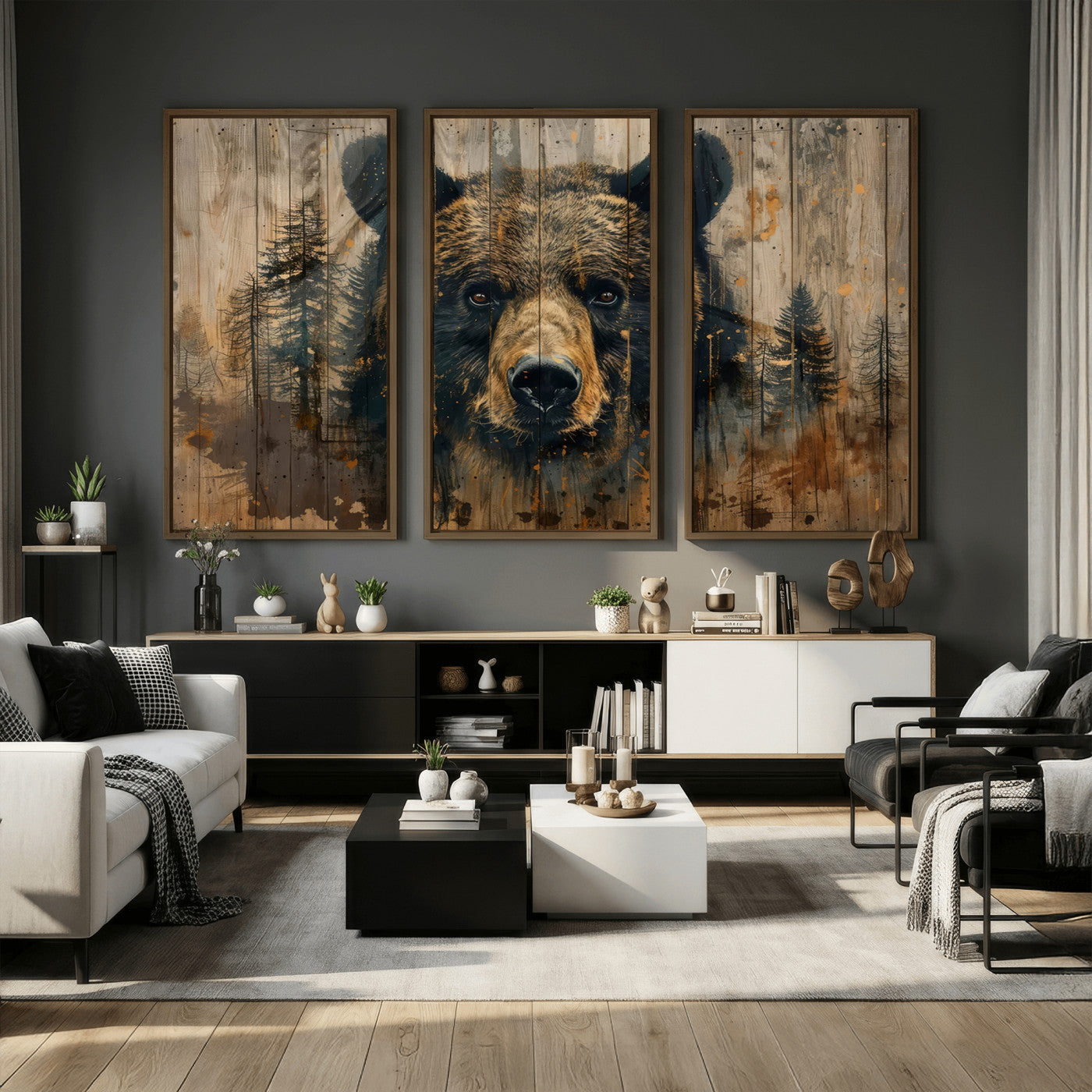 51373-MGV-CV-36X24 - Abstract 399 Bear Wall Art | Rustic Cabin Wall Decor with Forest Design for Farmhouse Wall Decor