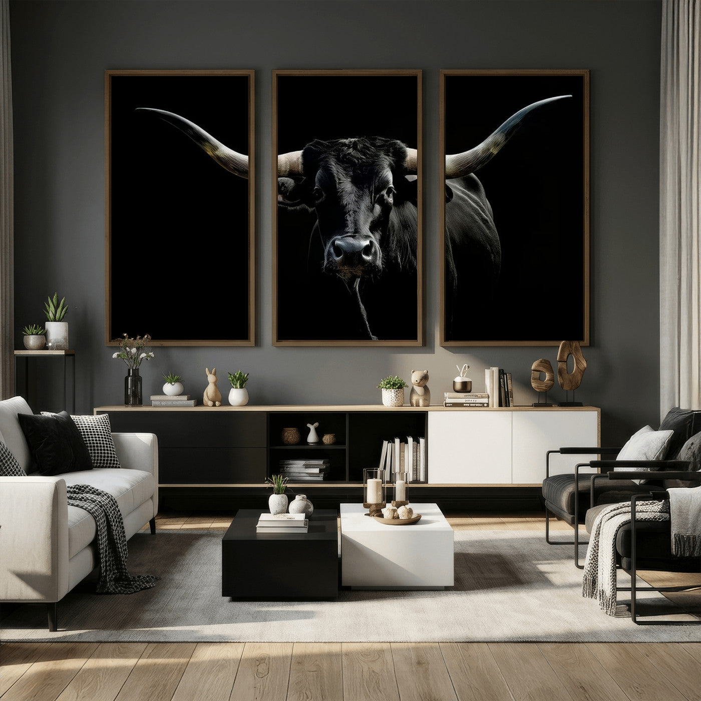20679-MGV-CV-36X24 - Texas Black Longhorn Bull Wall Art Canvas Print - Western Texas Cattle Rustic Decor Print - Longhorn