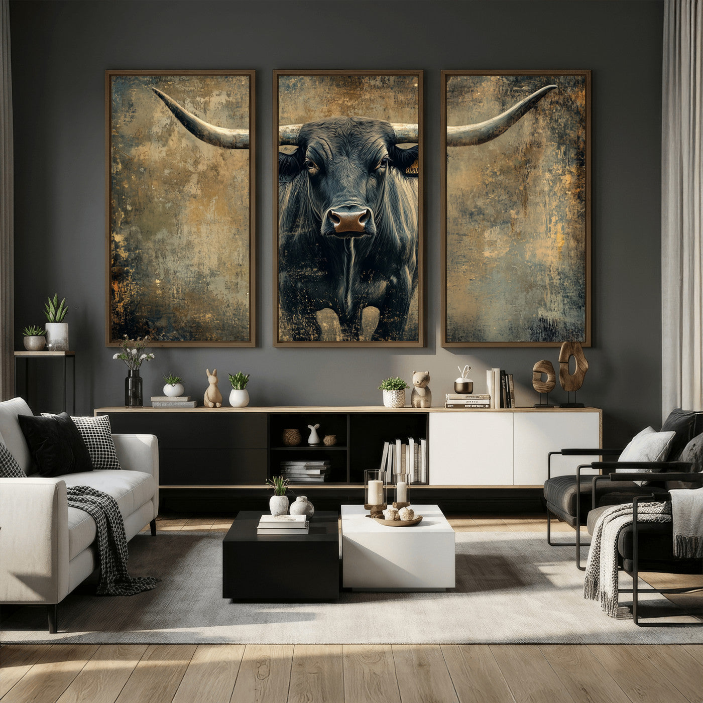 57385-MGV-CV-36X24 - Longhorn Bull Wall Art Canvas Print, Framed Rustic Cow Art Picture Print, Texas Longhorn Perfect Western Decor Artwork