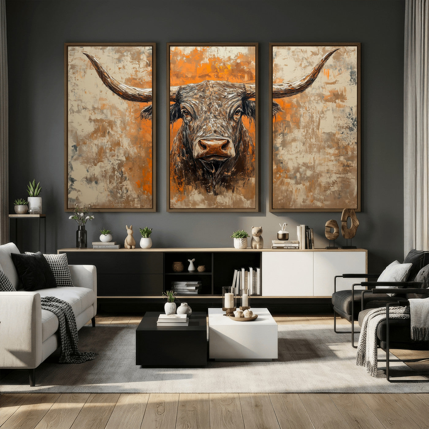 49976-MGV-CV-36X24 - Abstract Cow Longhorn Bull Wall Art Canvas Print - Rustic Texas Western Cattle Artwork