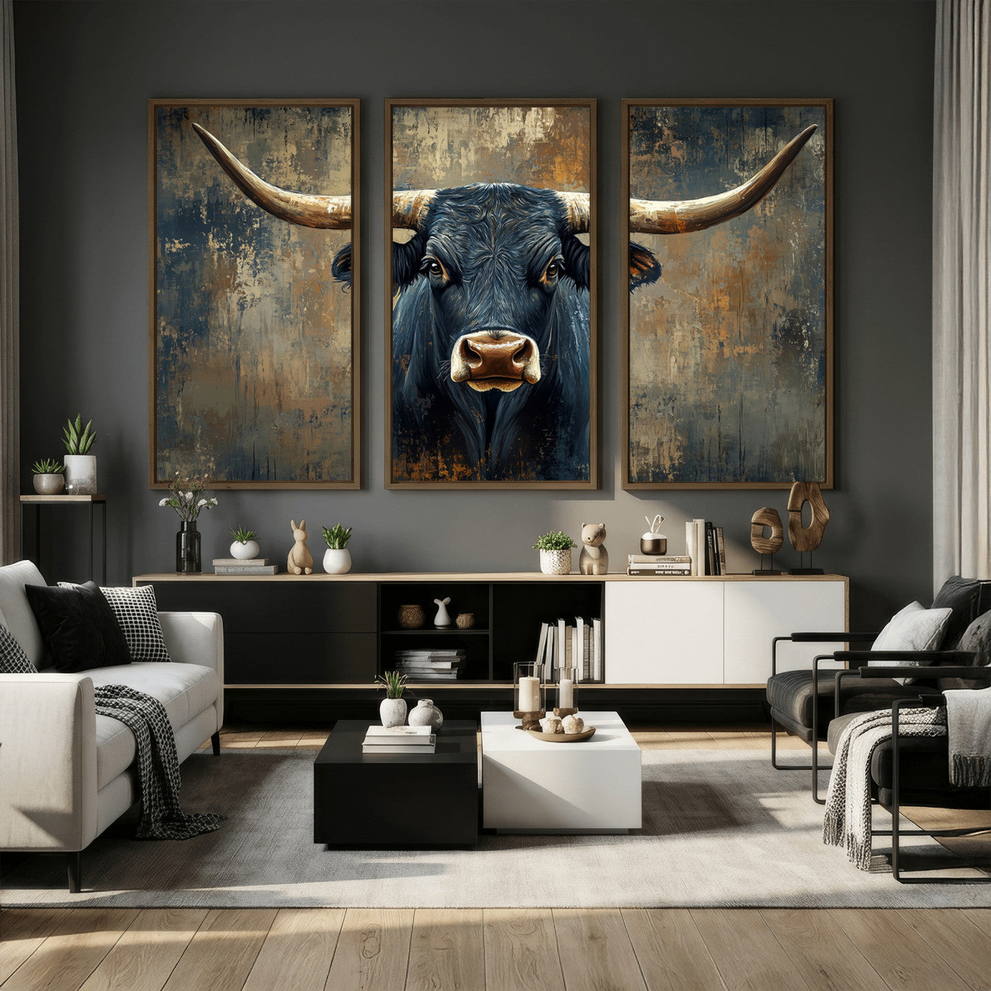 42026-MGV-CV-36X24 - Texas Western Wall Art Canvas Print - Abstract Cow Longhorn Bull Wall Art Canvas Print - Rustic Cow